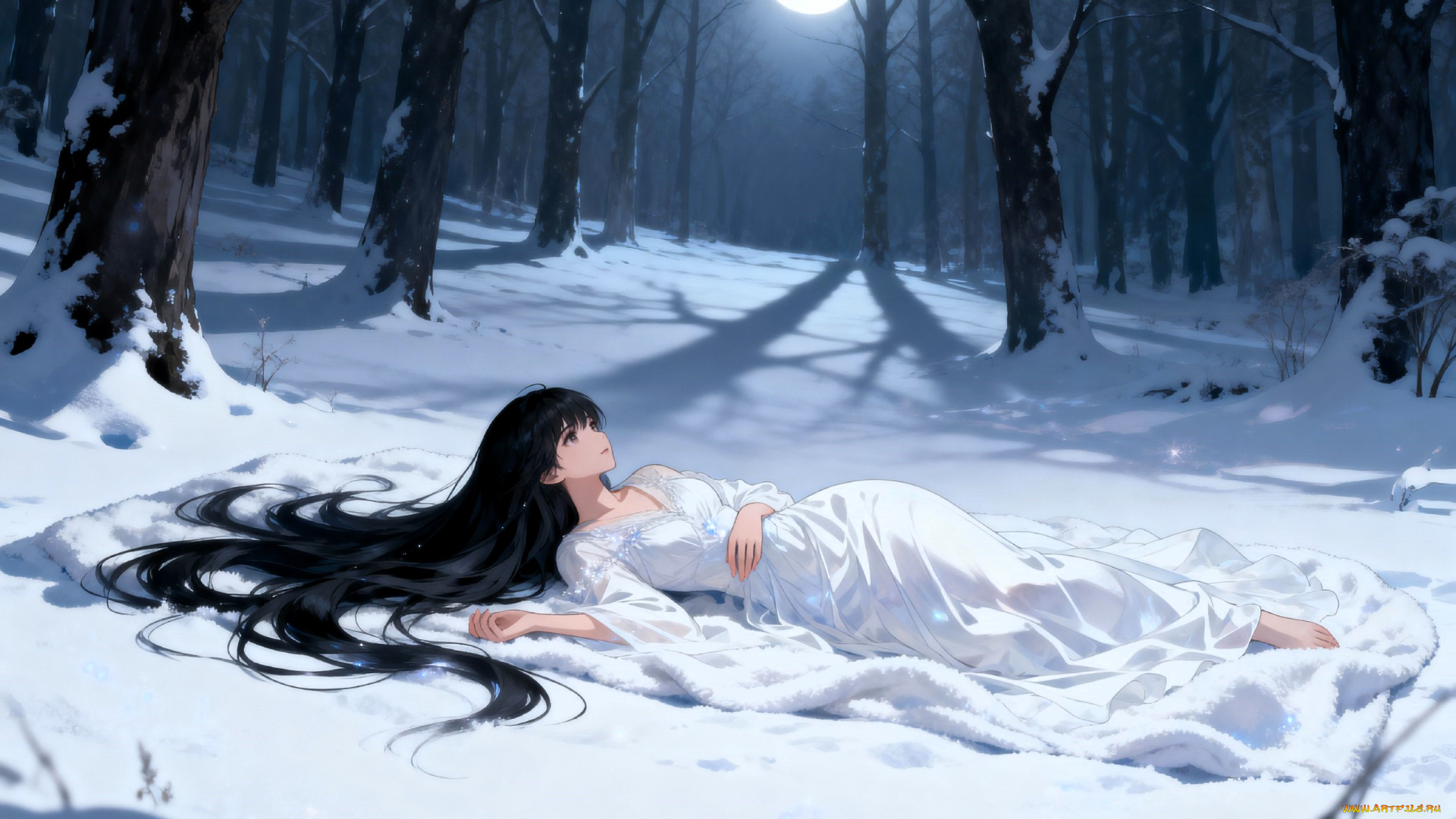 аниме, зима, , новый, год, , рождество, девушка, платье, мех, снег, лес, деревья, луна