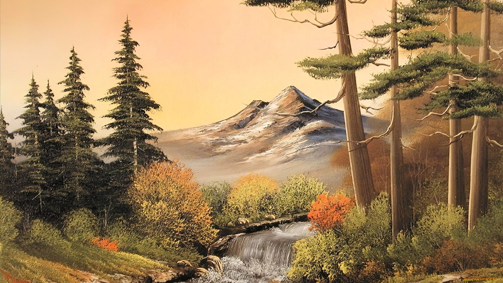 bob, ross, рисованное, природа, лес, горы, река, водопад