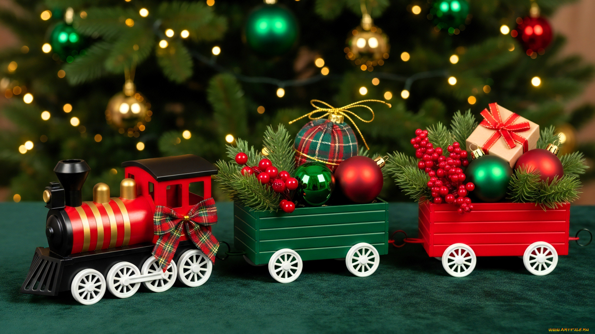 праздничные, украшения, ёлка, игрушки, огни, паровозик