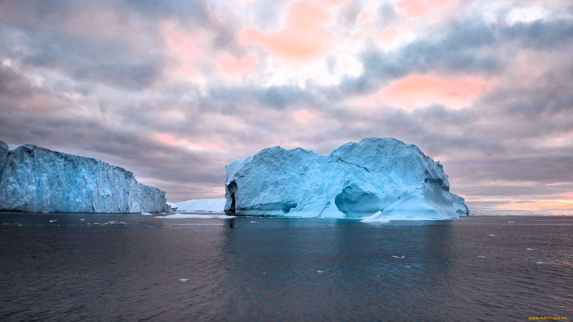 природа, айсберги, и, ледники, море, север, льды, айсберги, тучи