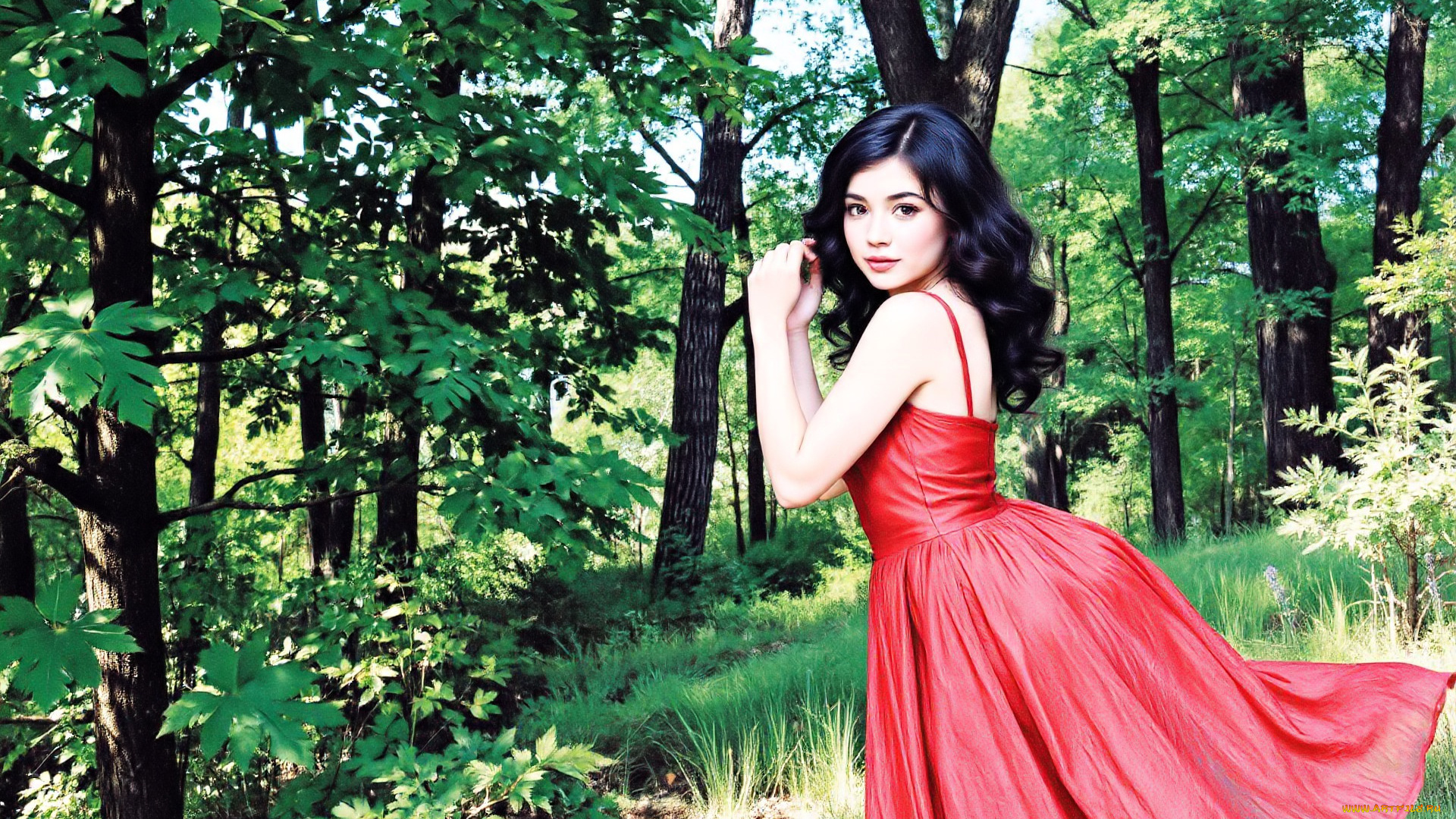разное, компьютерный, дизайн, девушка, брюнетка, платье, лес