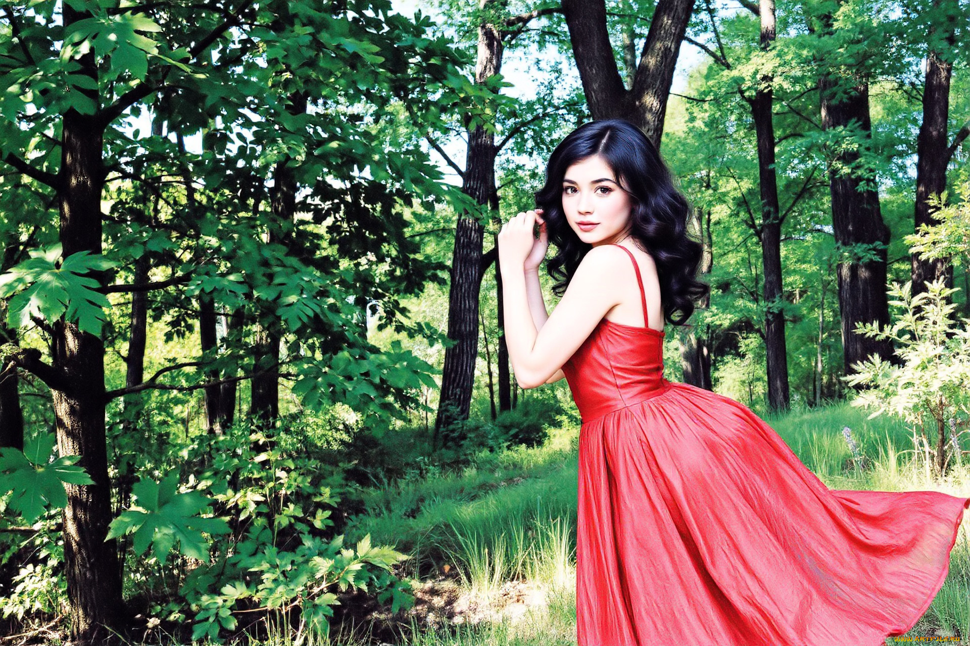разное, компьютерный, дизайн, девушка, брюнетка, платье, лес