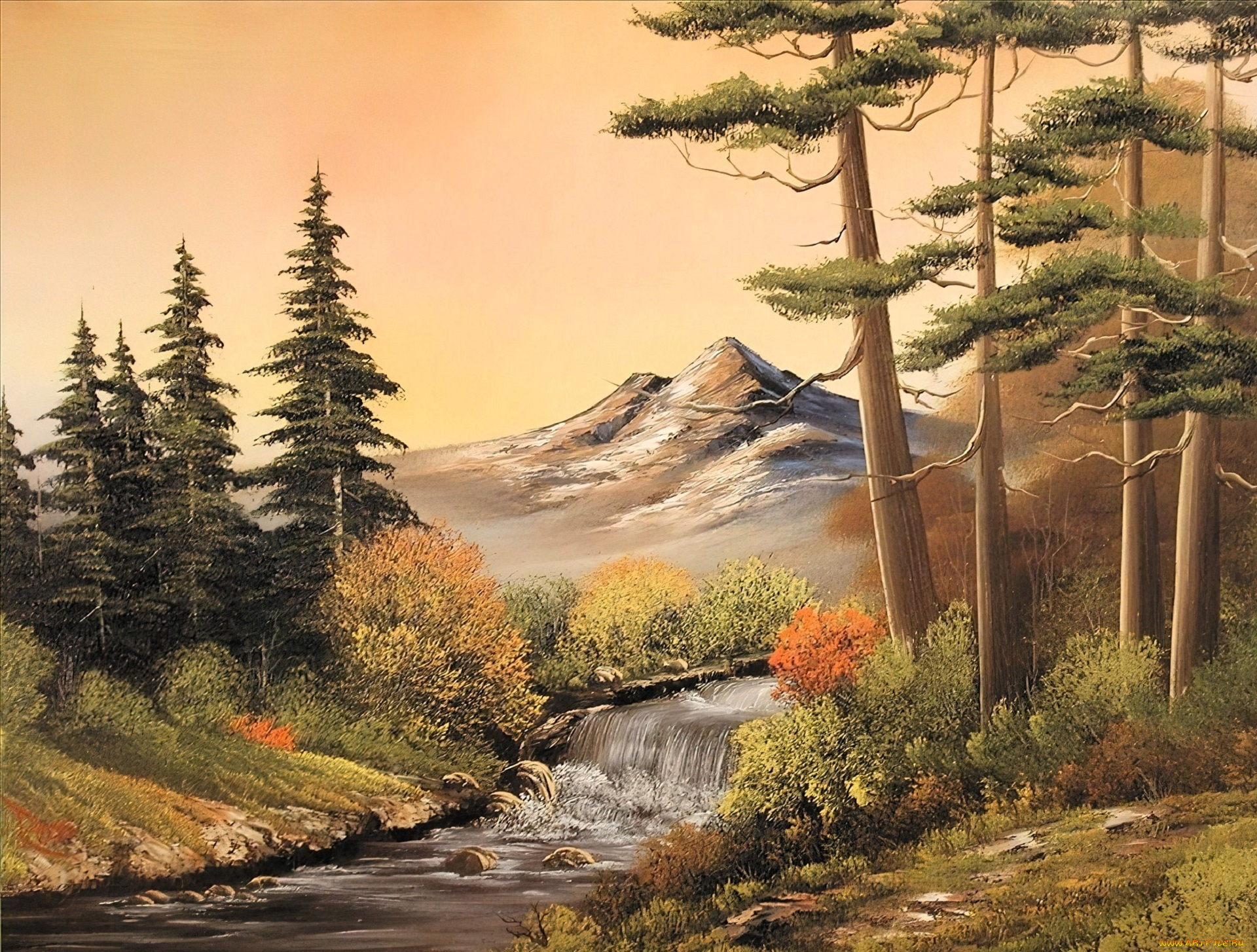 bob, ross, рисованное, природа, лес, горы, река, водопад