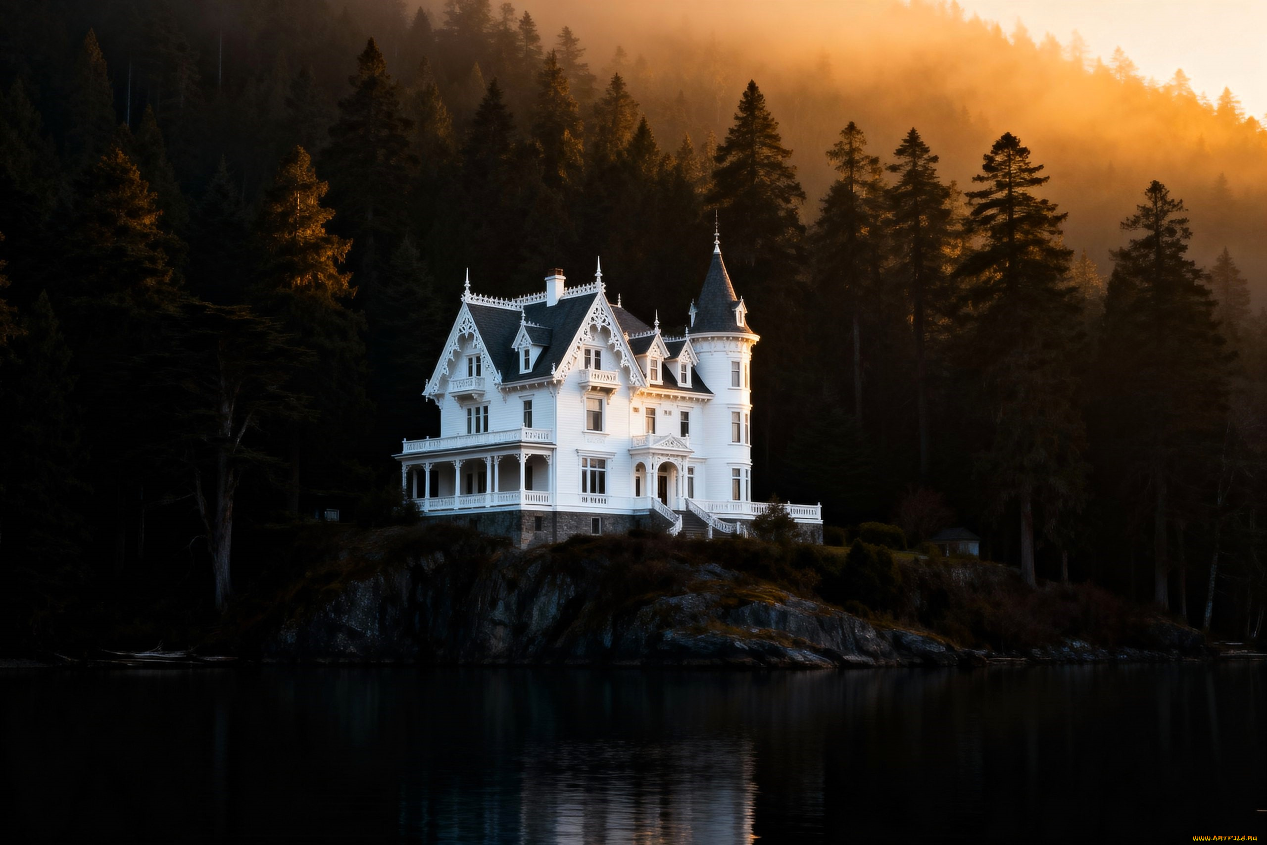 3д, графика, архитектура, , architecture, особняк, лес, озеро, закат