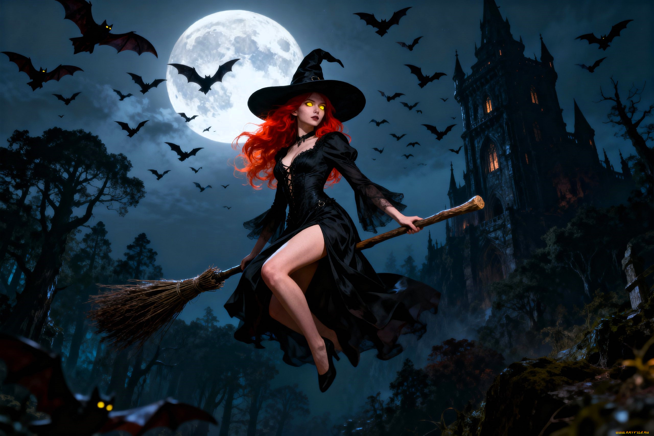 3д, графика, фантазия, , fantasy, девушка, ведьма, шляпа, платье, метла, летучие, мыши, луна, ночь, лес, замок