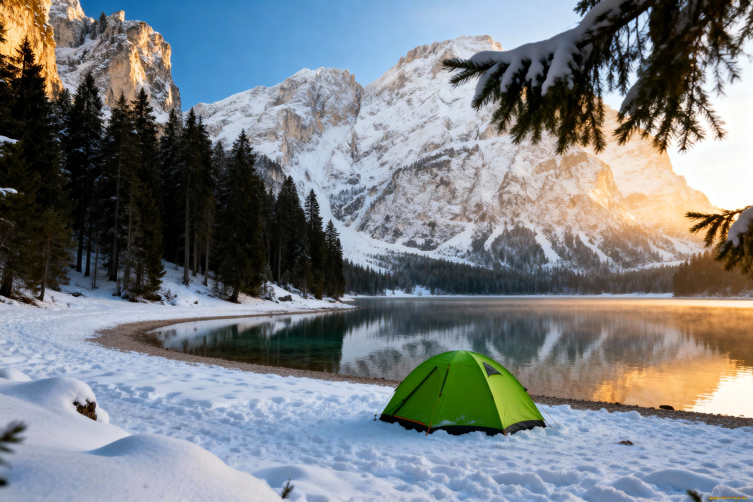 3д, графика, природа, , nature, горы, снег, зима, лес, озеро, палатка