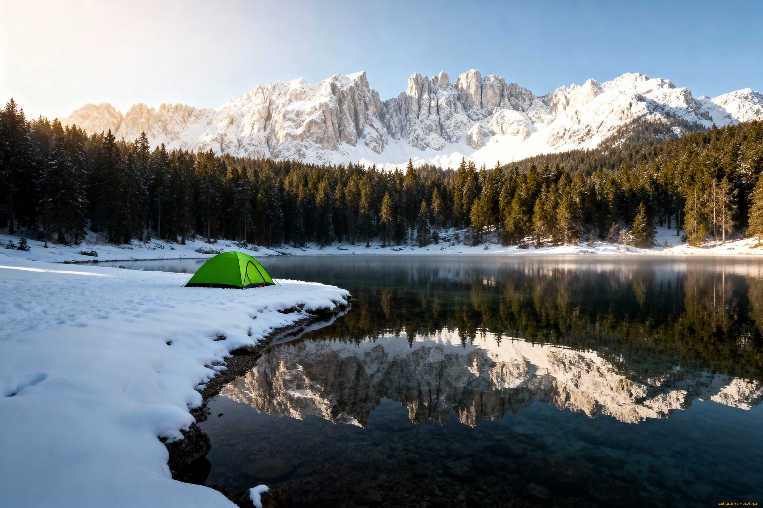 3д, графика, природа, , nature, горы, снег, зима, лес, озеро, палатка