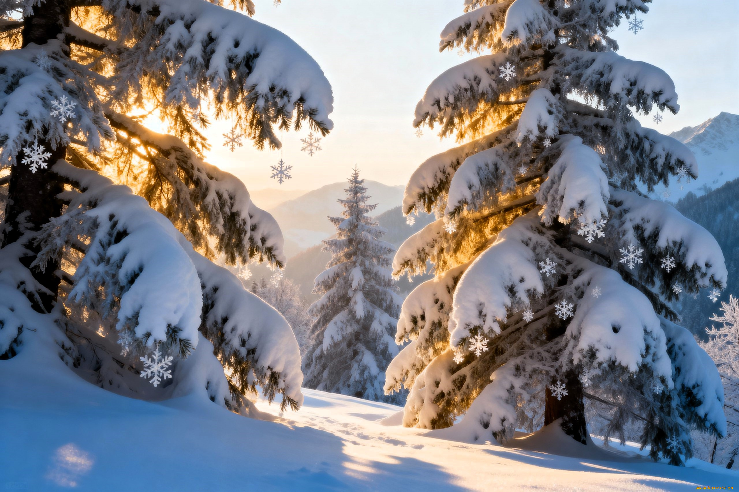 3д, графика, природа, , nature, ёлки, лес, свет, снежинки, снег, зима