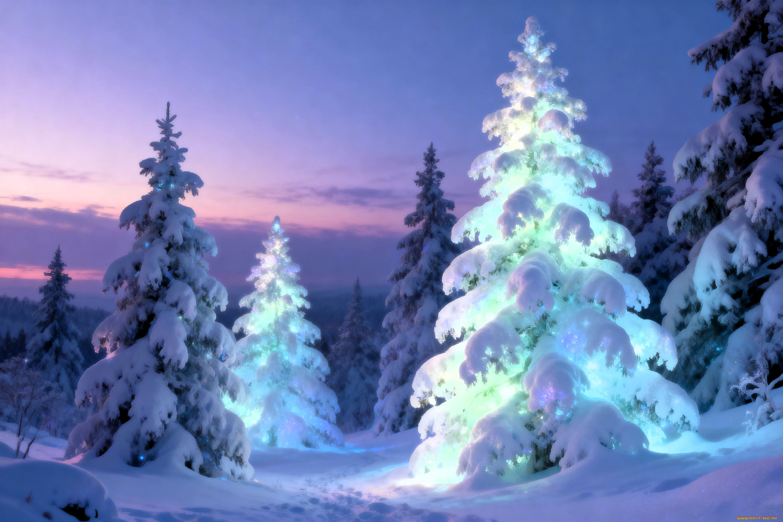 3д, графика, природа, , nature, ёлки, лес, свет, закат, снег, зима