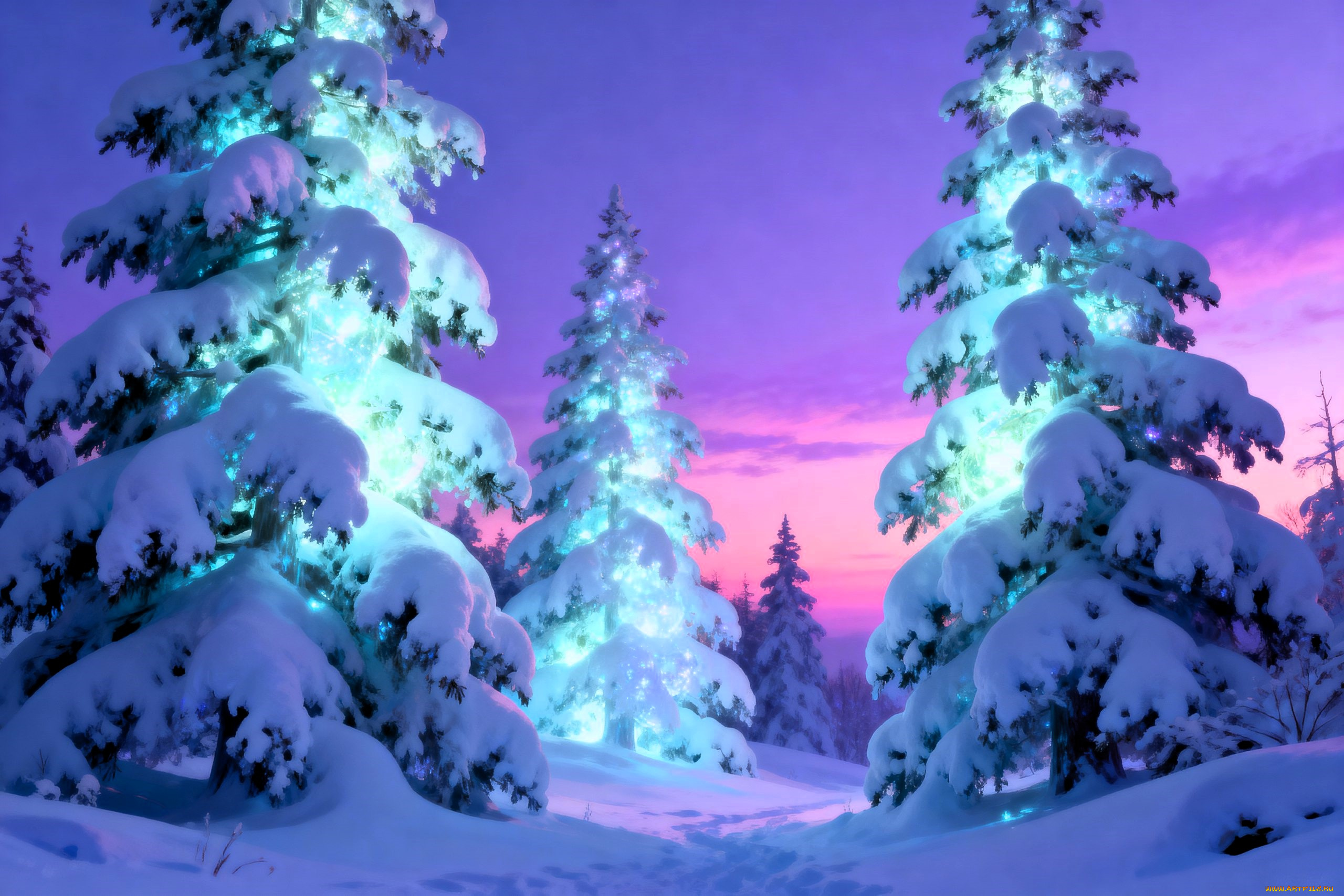 3д, графика, природа, , nature, ёлки, лес, свет, закат, снег, зима