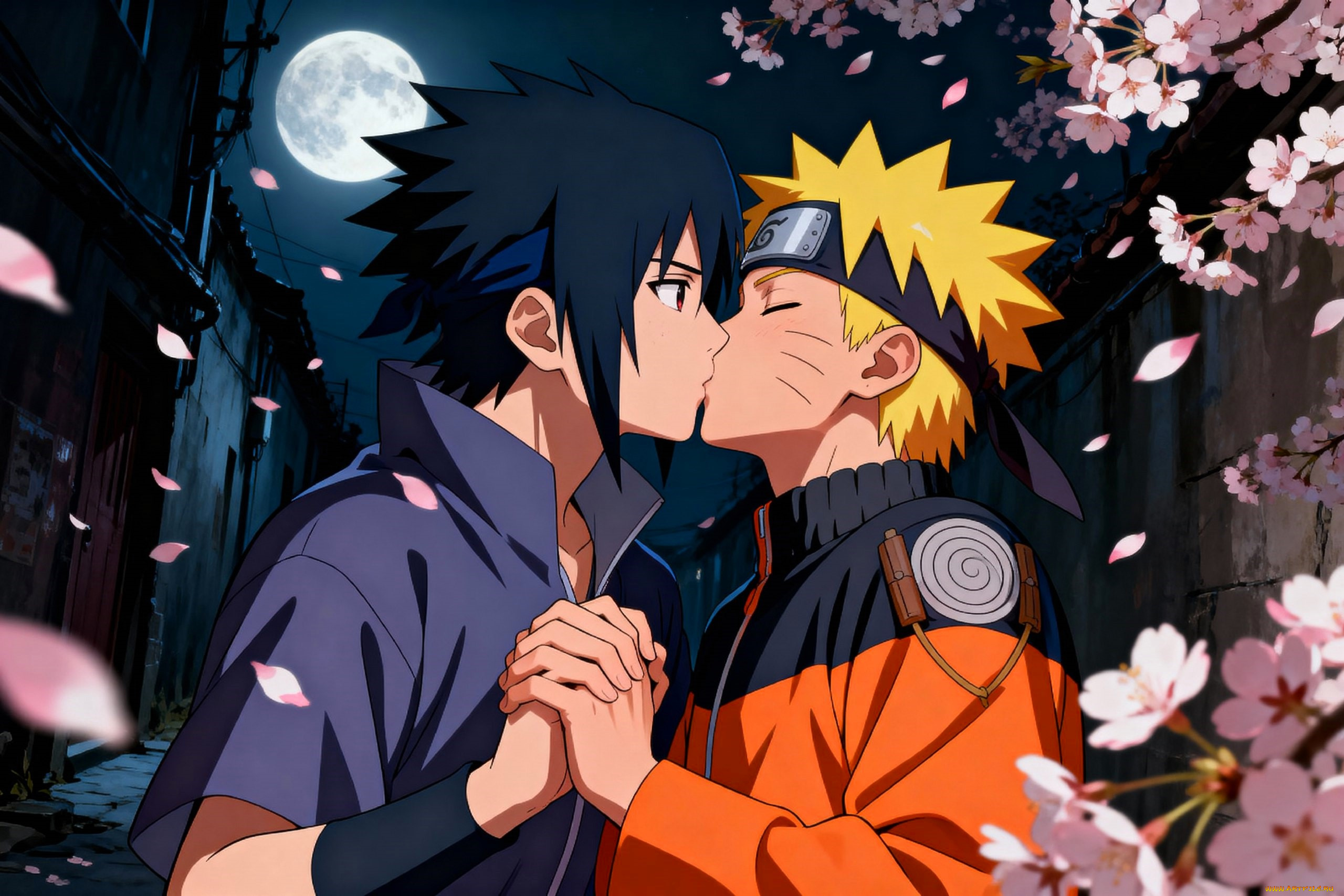 аниме, naruto, узумаки, наруто, учиха, саске, поцелуй, цветение, луна, дома