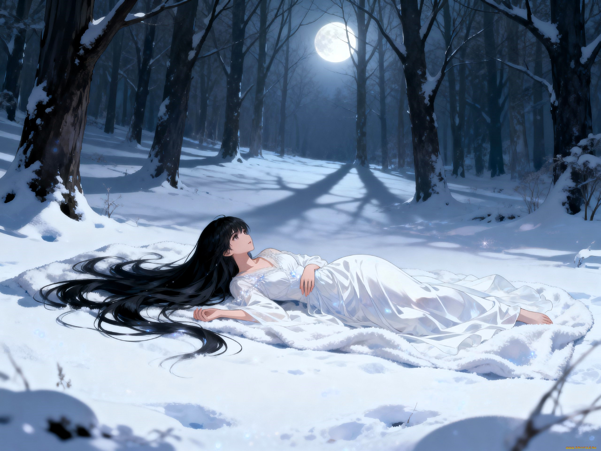 аниме, зима, , новый, год, , рождество, девушка, платье, мех, снег, лес, деревья, луна