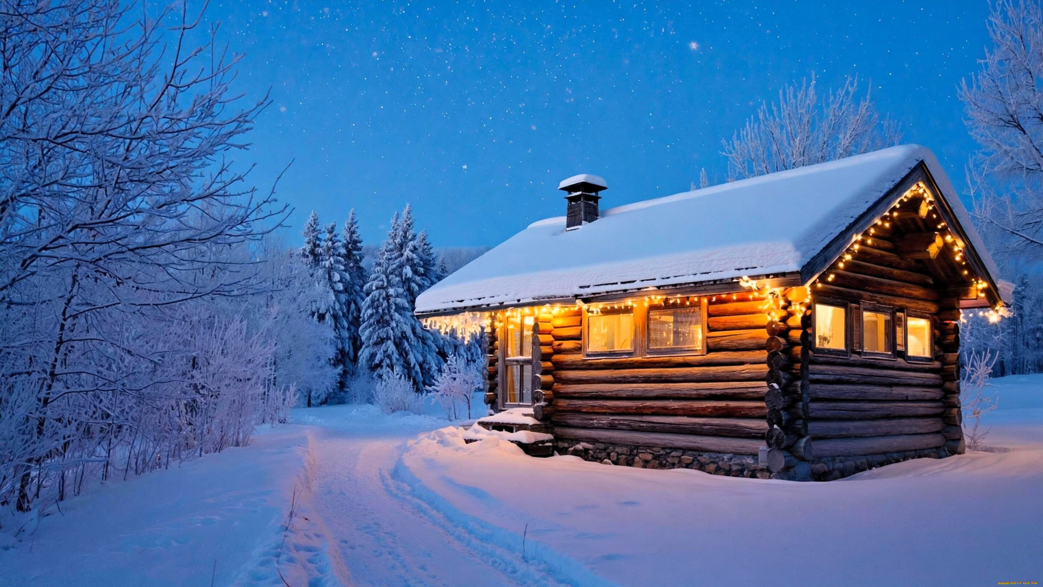 3д, графика, праздники, , holidays, дом, свет, гирлянда, снег, зима, лес, деревья, сумерки