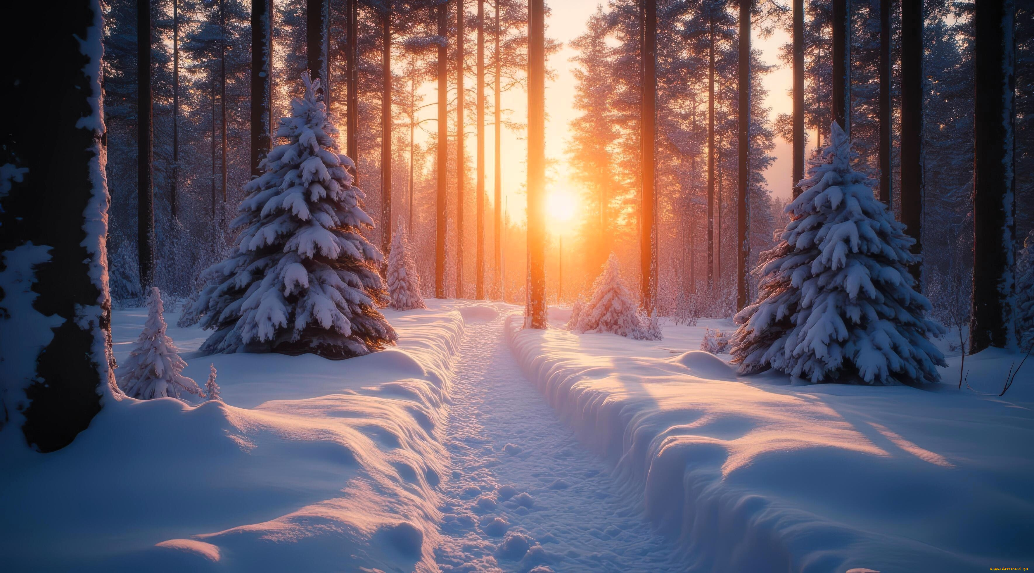 3д, графика, природа, , nature, лес, снег, закат, дорожка