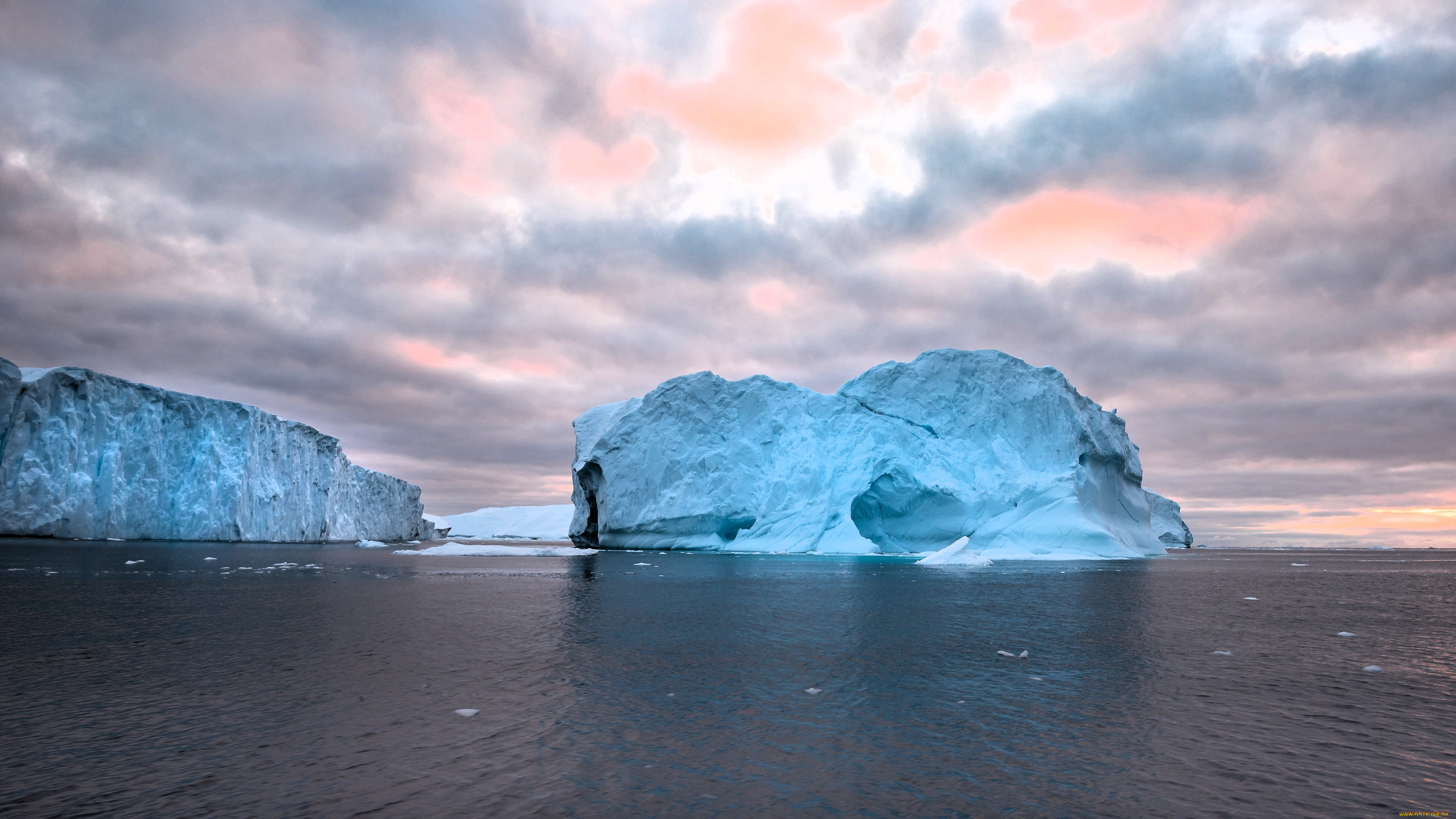 природа, айсберги, и, ледники, море, север, льды, айсберги, тучи