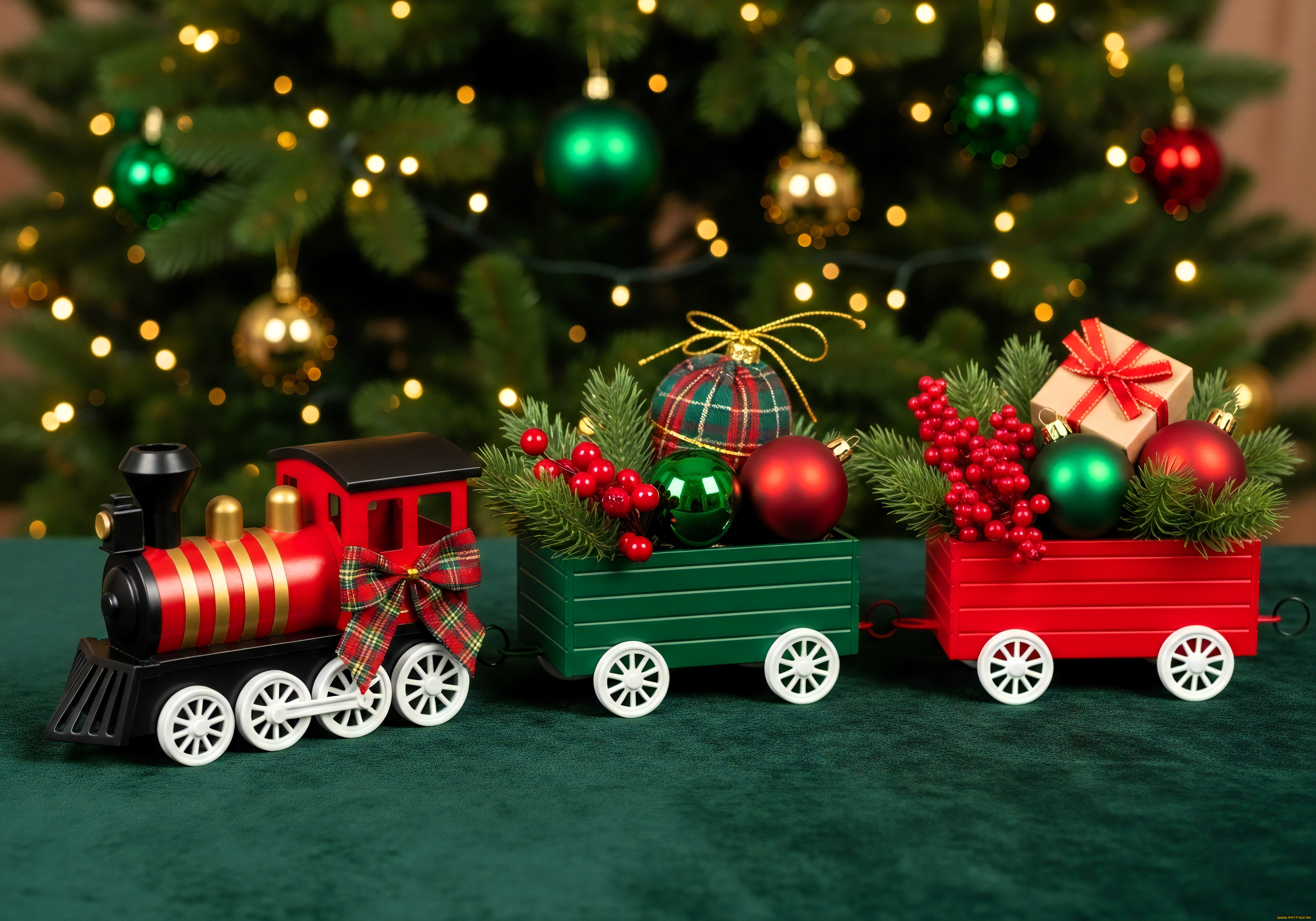 праздничные, украшения, ёлка, игрушки, огни, паровозик
