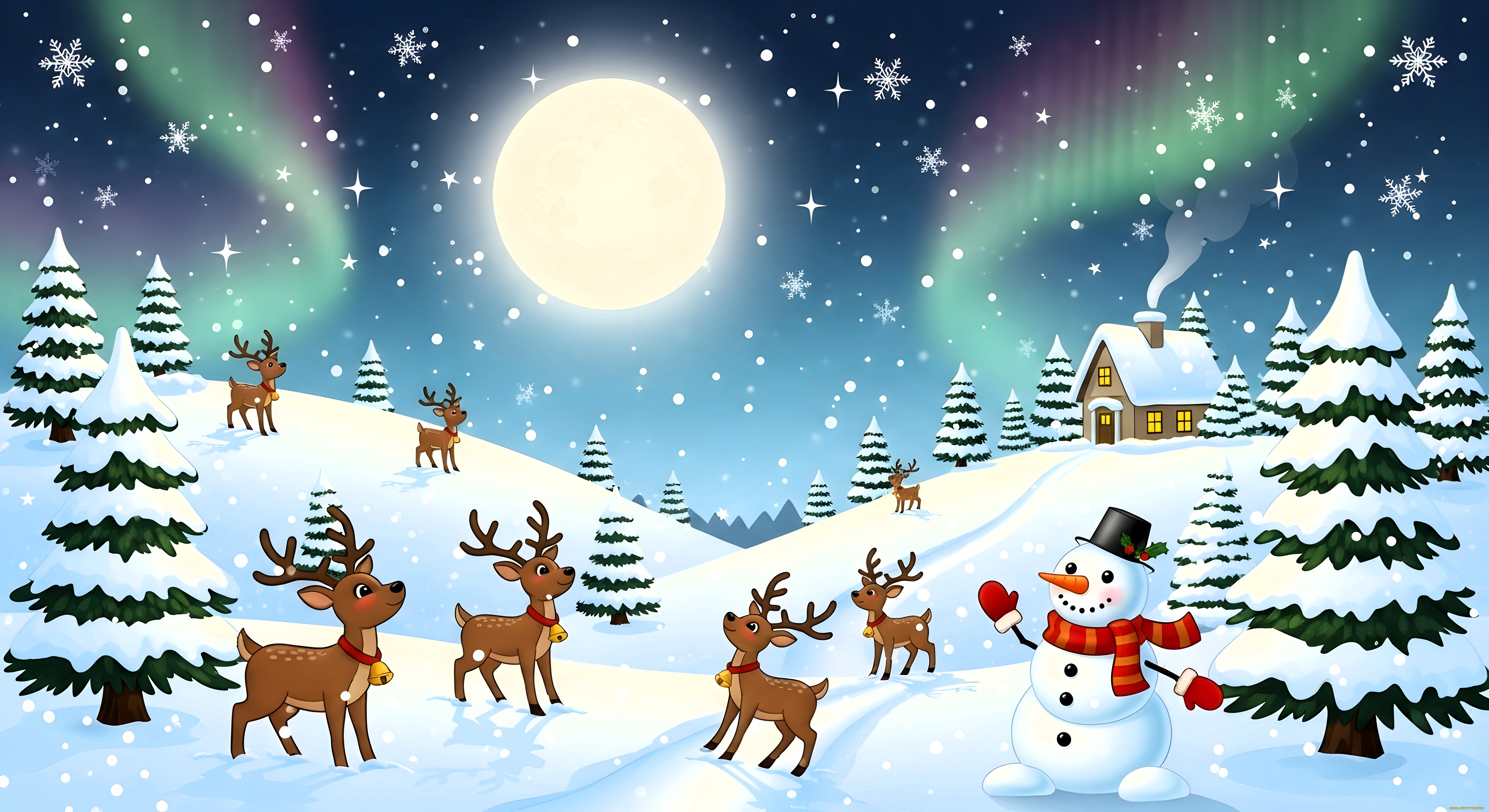 рисованное, праздники, снежинки, домик, ёлки, снег, олени, снеговик