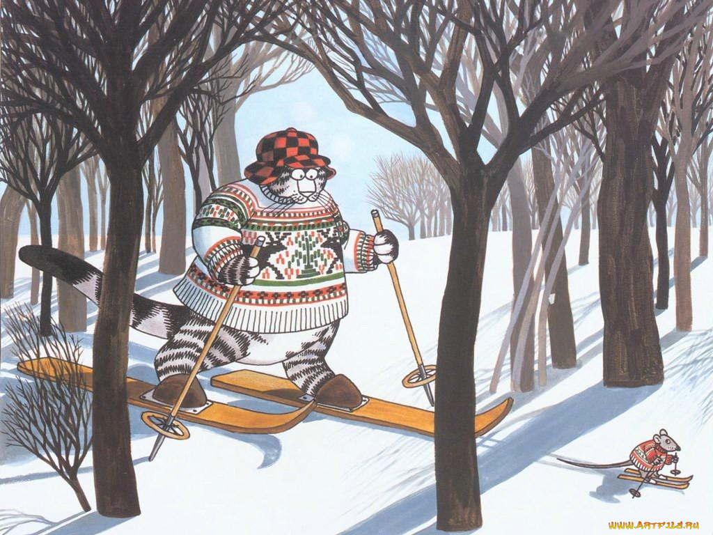 рисованные, животные, сказочные, мифические, кот, лыжи, лыжник
