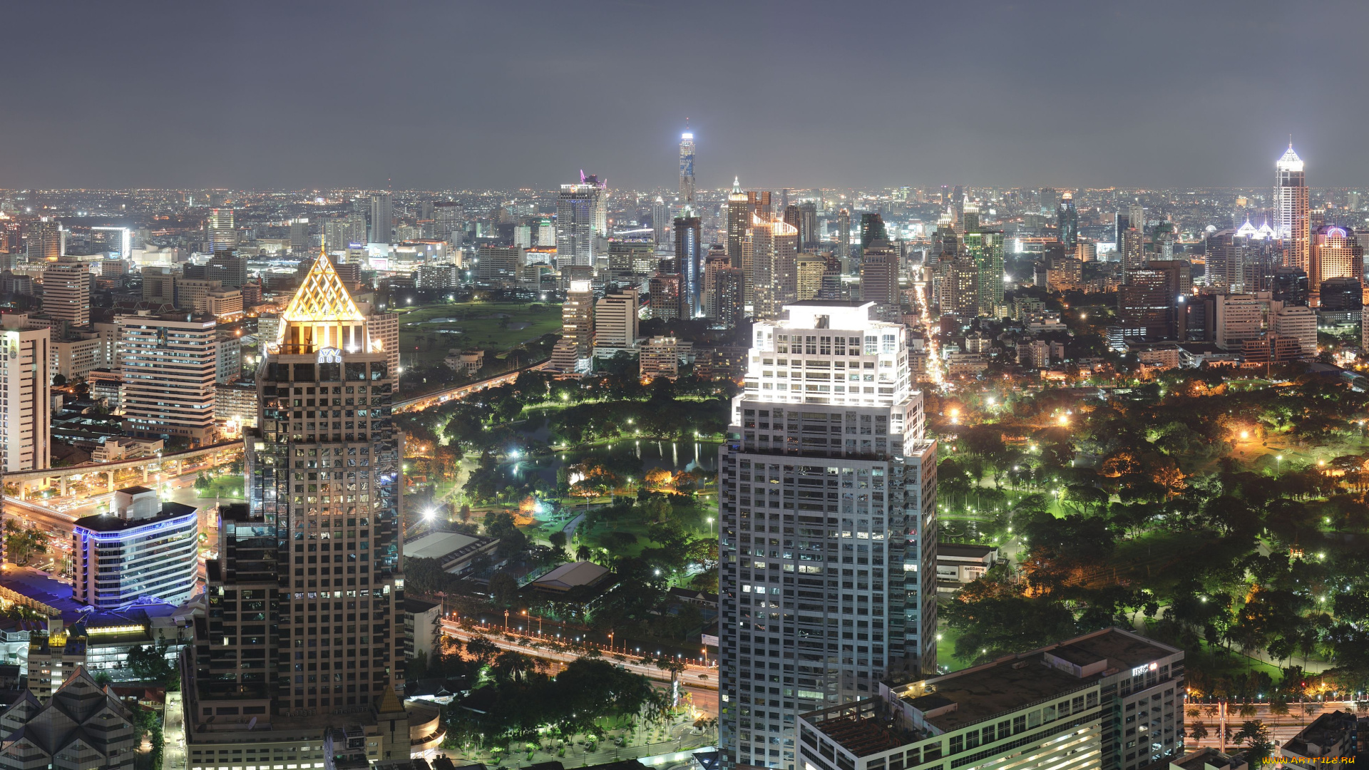 города, огни, ночного, ночной, город, здания, панорама