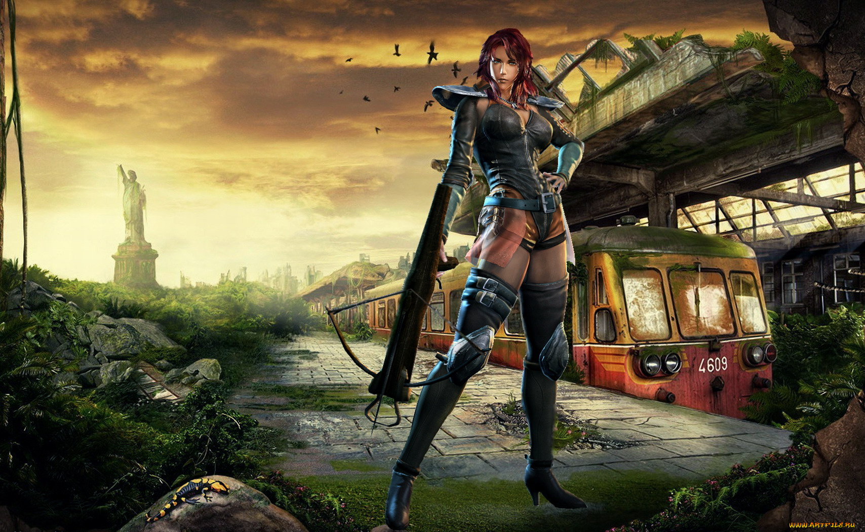 city, raider, фэнтези, девушки, девушка, город, арбалет, поезд, руины