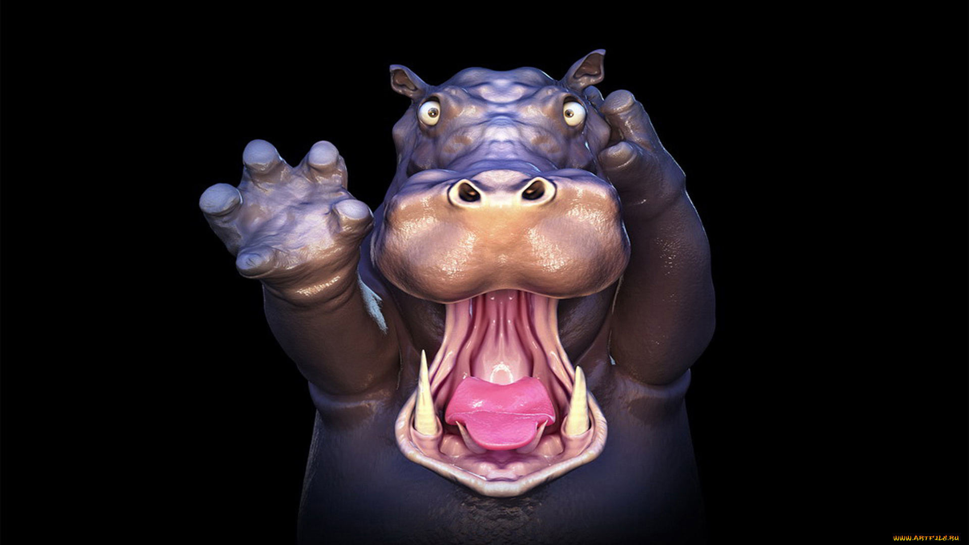 3д, графика, animals, животные, черный, фон, клыки, рот, бегемот