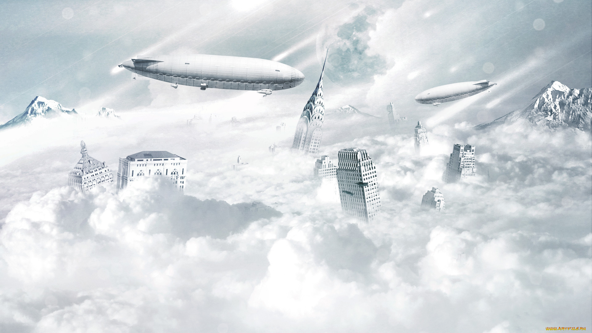 апокалиптик, фэнтези, иные, миры, времена, дерижабли, здания, облака