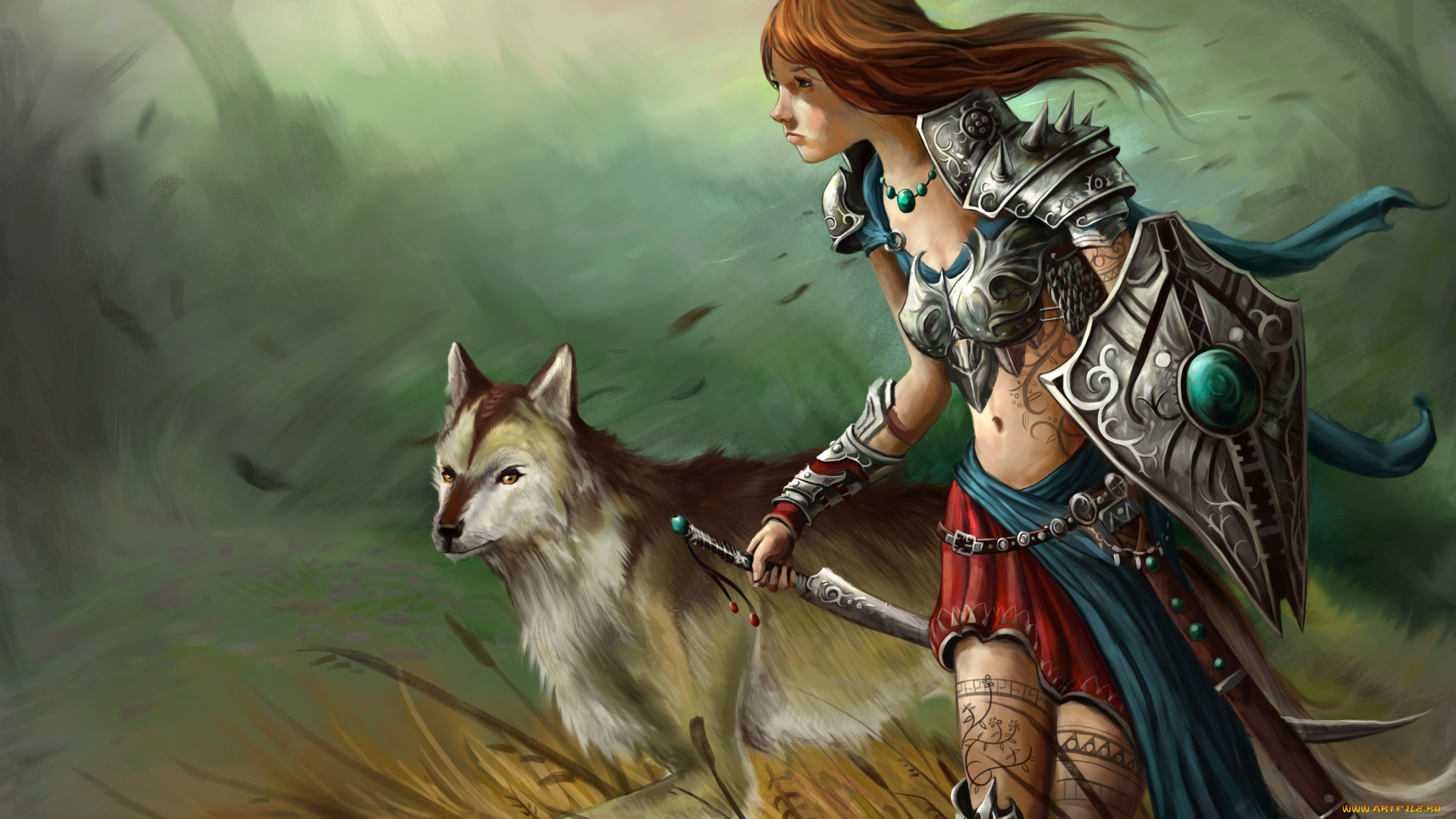 фэнтези, девушки, воительница, амазонка, волк
