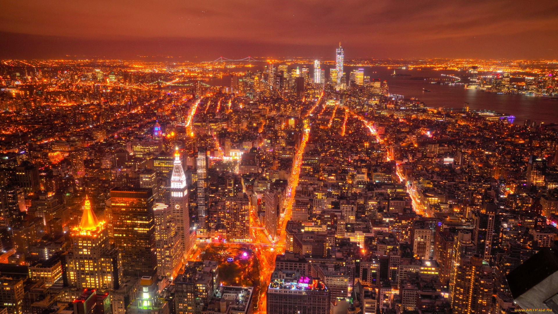 города, нью, йорк, сша, панорама, огни, ночь
