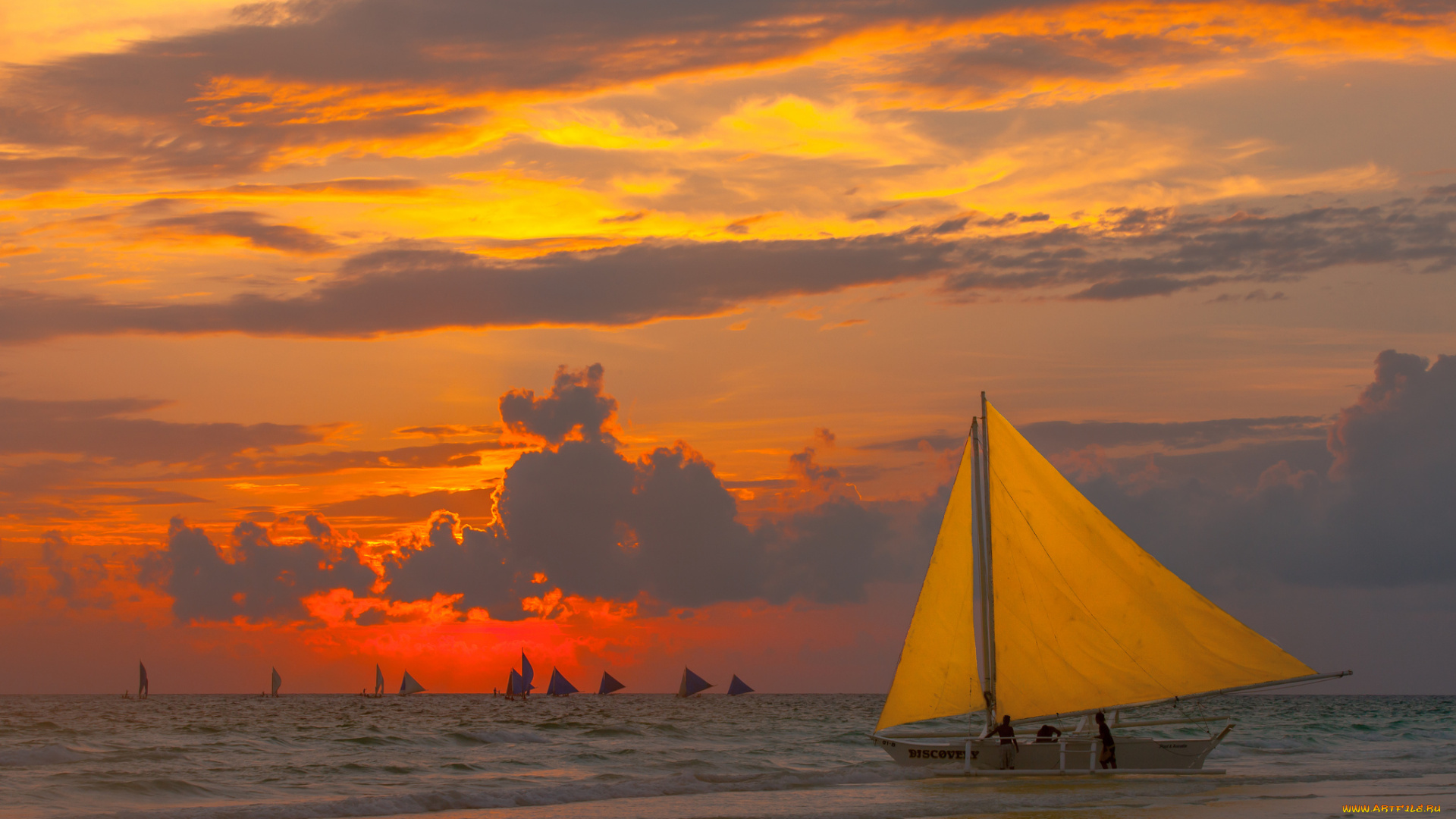 корабли, лодки, шлюпки, закат, море