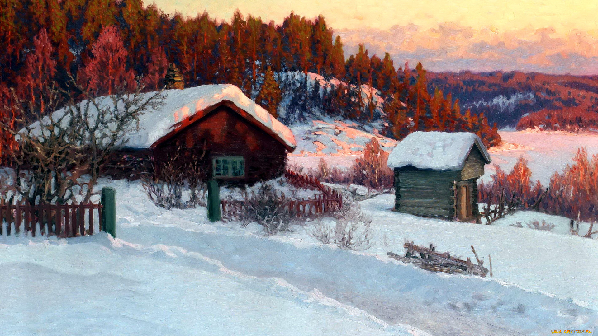 рисованные, anshelm, leonard, schultzberg, зима, деревня, дом, изба, снег, сугробы, лес, холмы, деревья, забор, рассвет