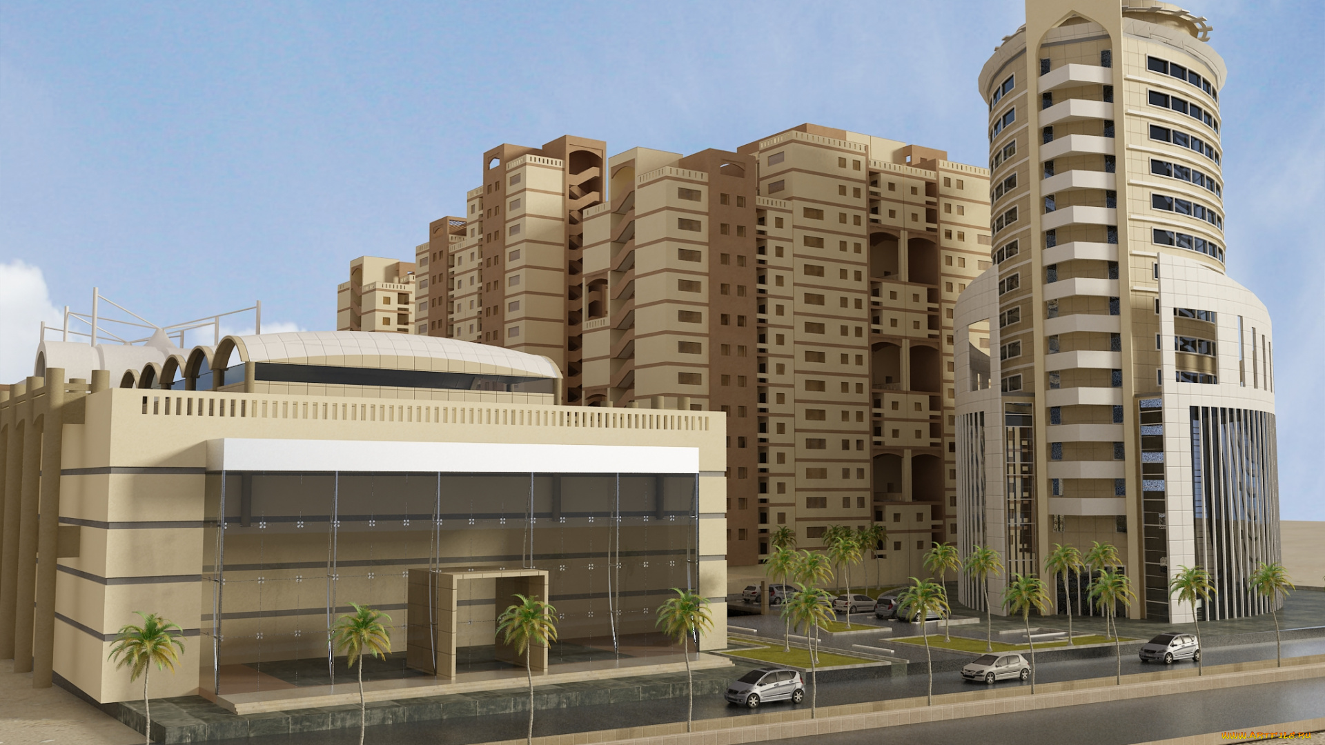 3д, графика, architecture, , архитектура, деревья, дома, автомобили, улица