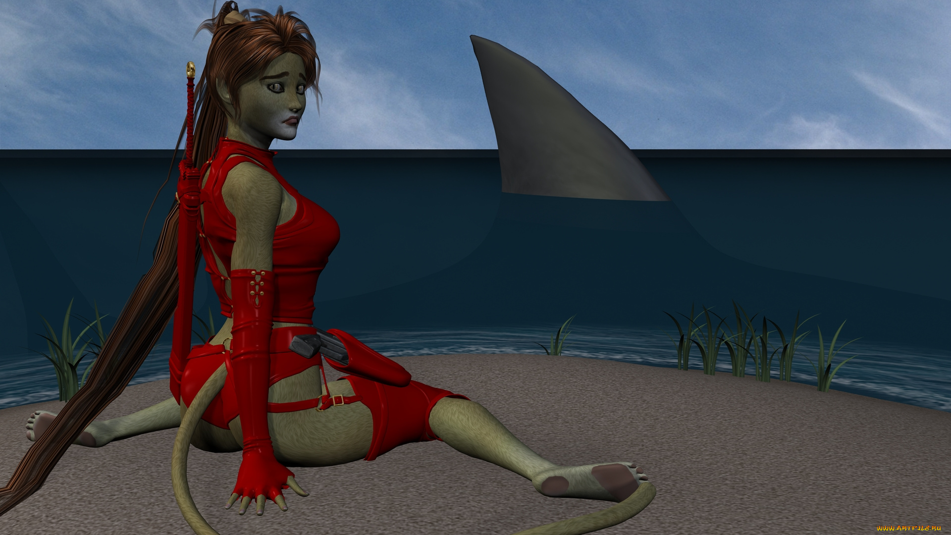 3д, графика, fantasy, , фантазия, акула, остров, девушка, кошка, плавник, вода, небо