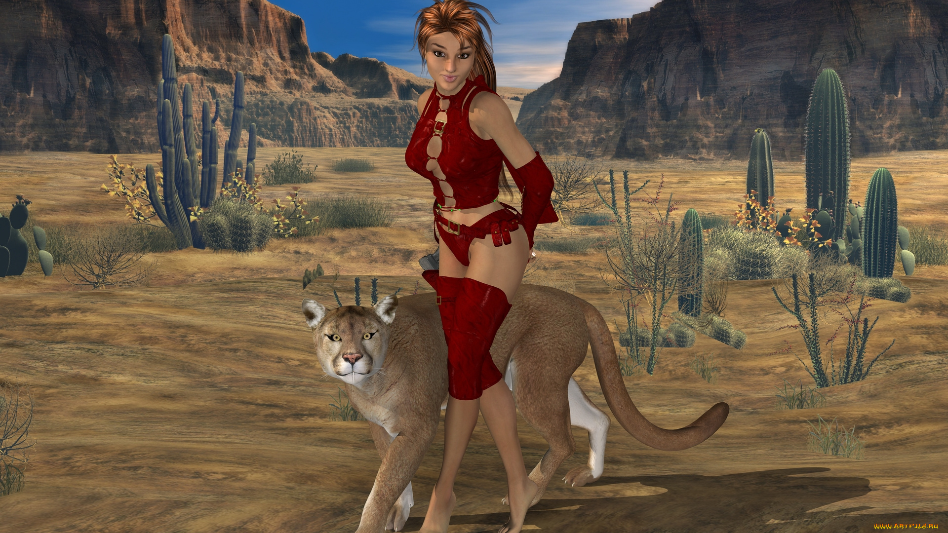 3д, графика, fantasy, , фантазия, девушка, кошка, леопард, кактусы, пустыня, горы