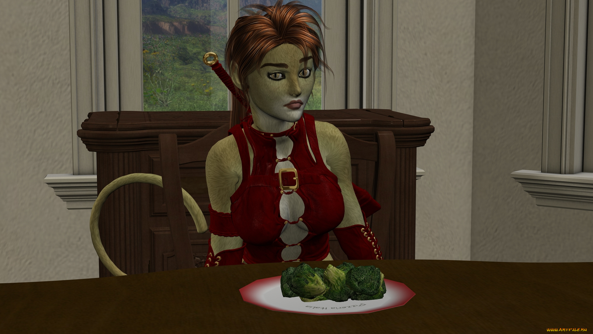 3д, графика, fantasy, , фантазия, девушка, кошка, комната, стол