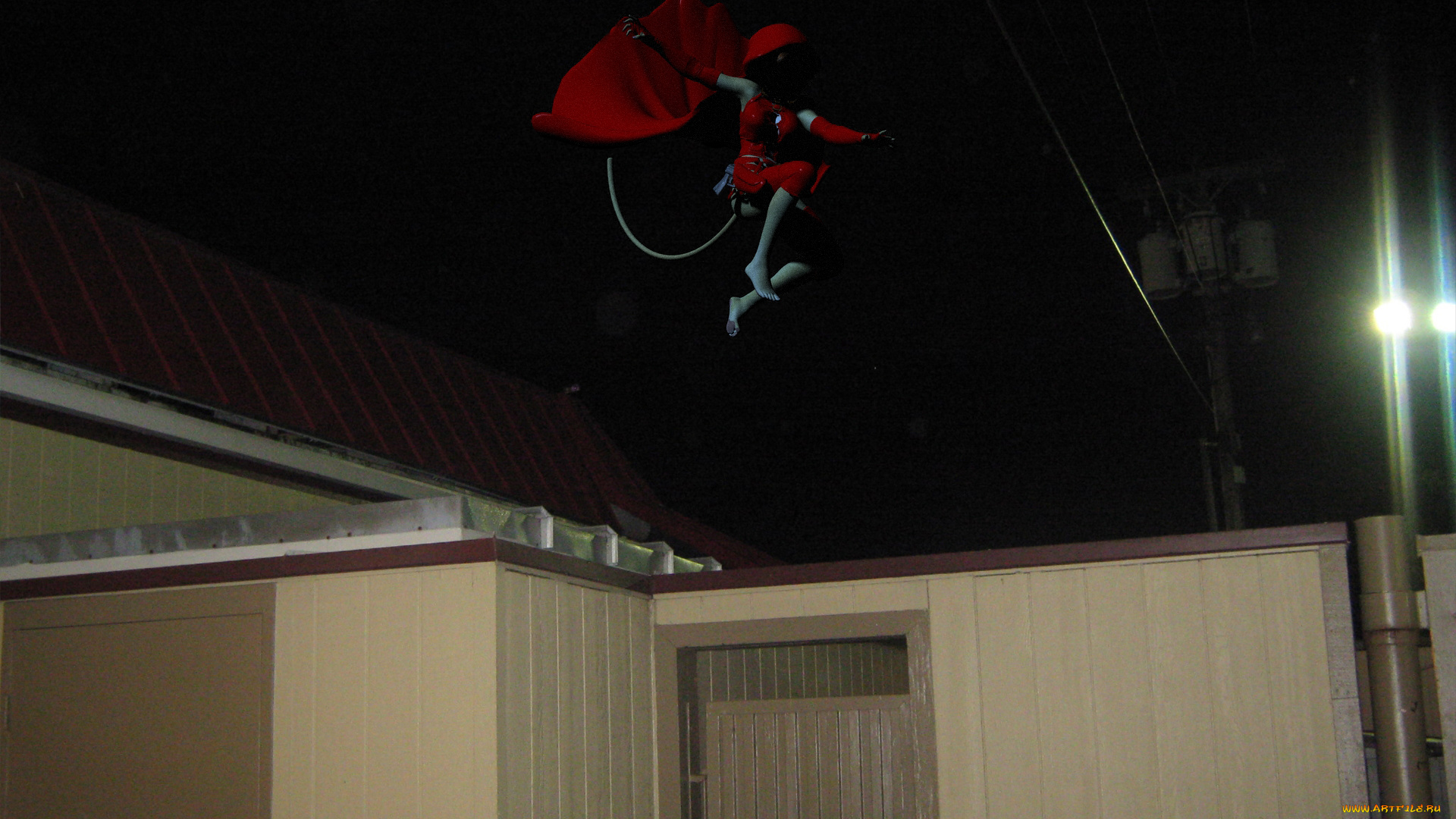 3д, графика, fantasy, , фантазия, девушка, кошка, плащ, дом, полет, ночь