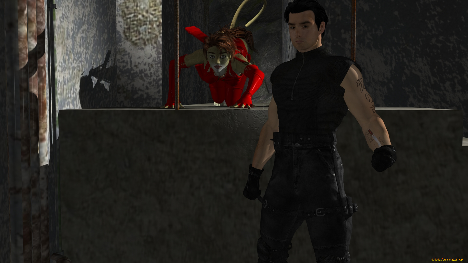 3д, графика, fantasy, , фантазия, девушка, кошка, окно, мужчина