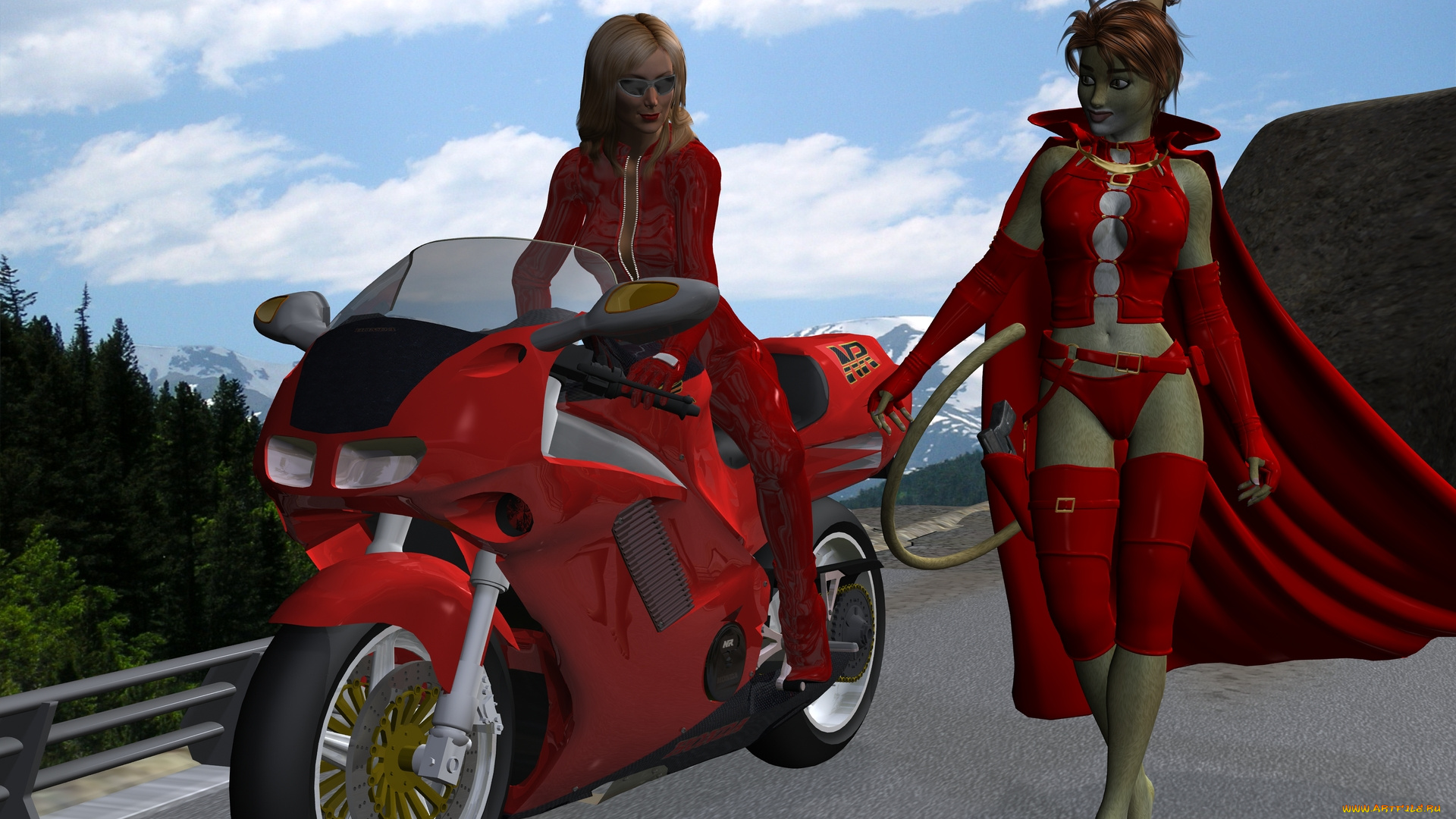 3д, графика, fantasy, , фантазия, девушка, мотоцикл, плащ, кошка