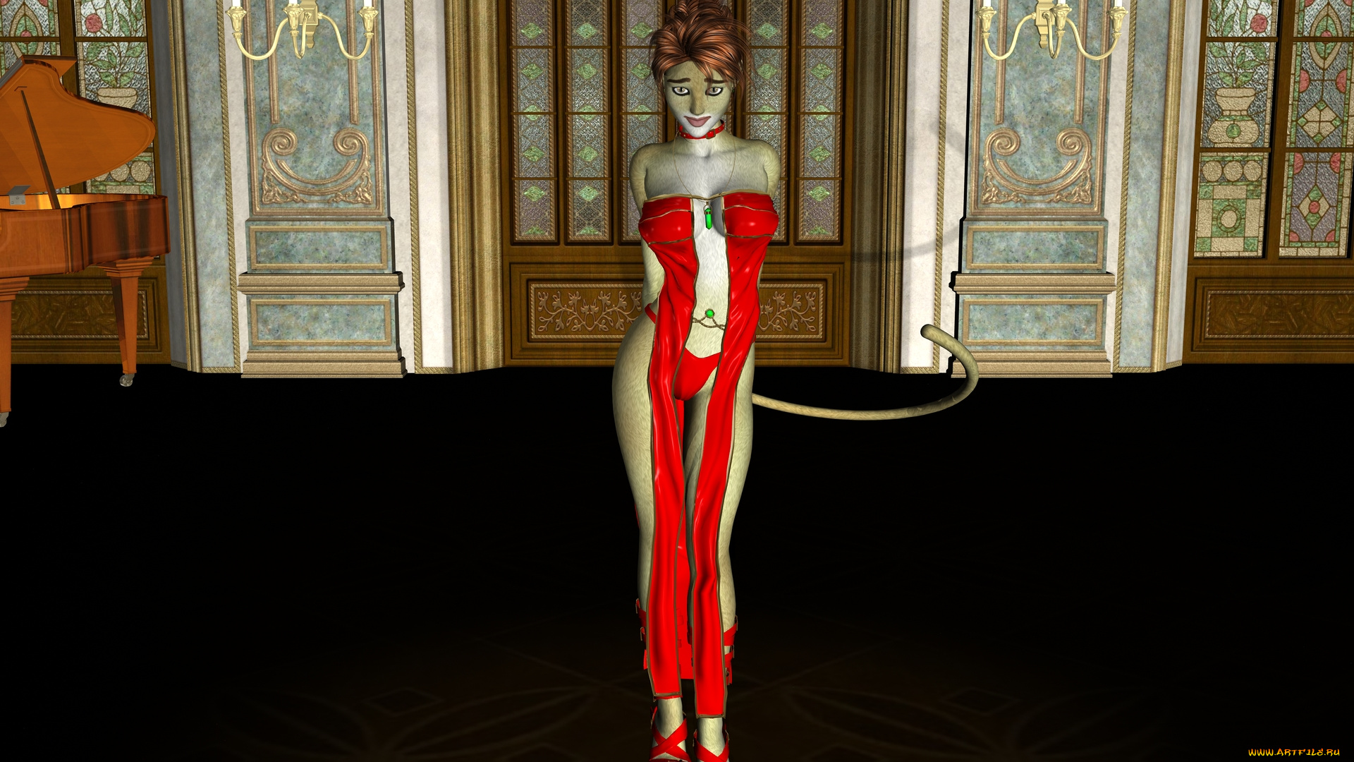 3д, графика, fantasy, , фантазия, комната, девушка, кошка