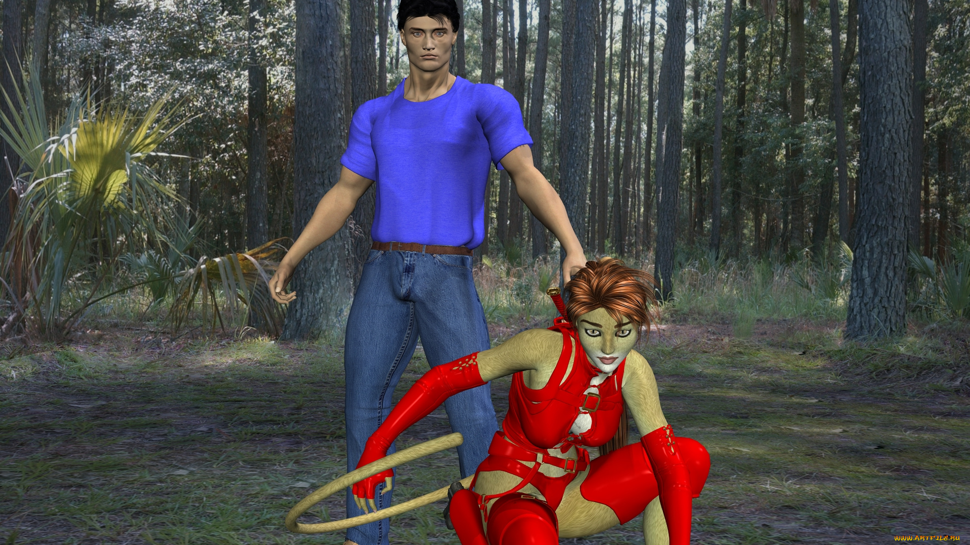 3д, графика, fantasy, , фантазия, лес, мужчина, девушка, кошка