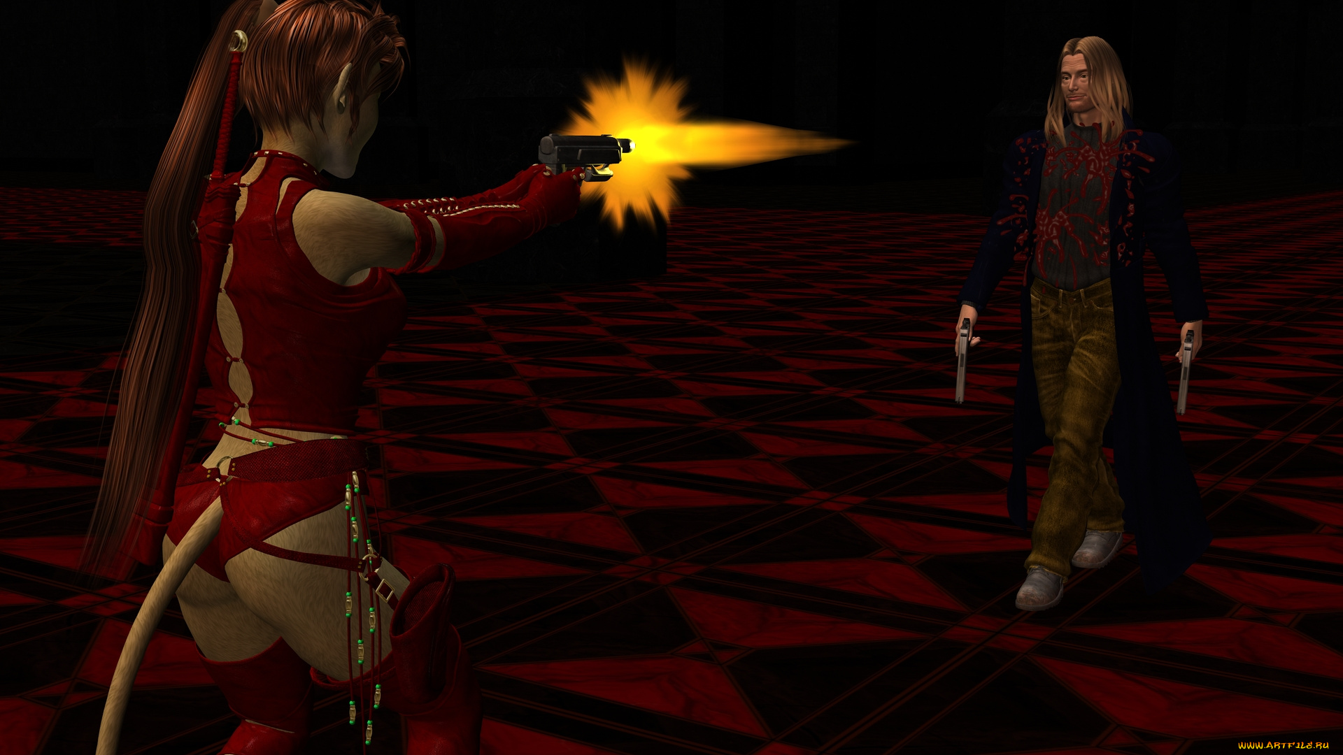 3д, графика, fantasy, , фантазия, мужчина, девушка, кошка, оружия, выстрел