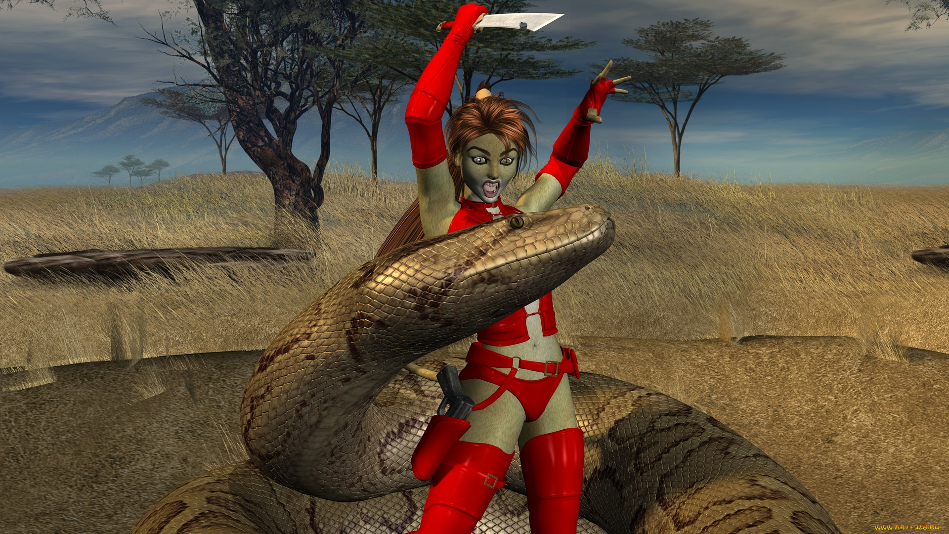 3д, графика, fantasy, , фантазия, нож, змея, девушка, кошка