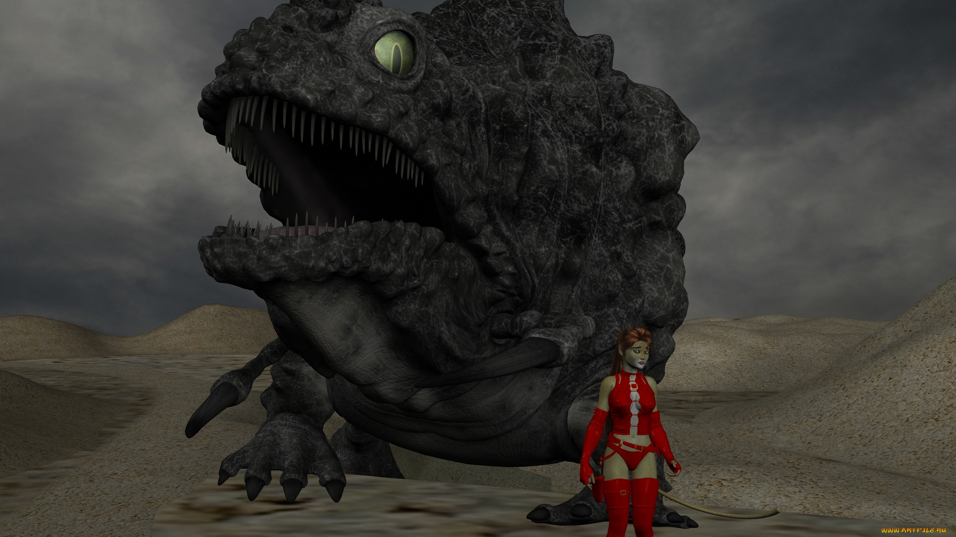 3д, графика, fantasy, , фантазия, песок, девушка, кошка, ящер