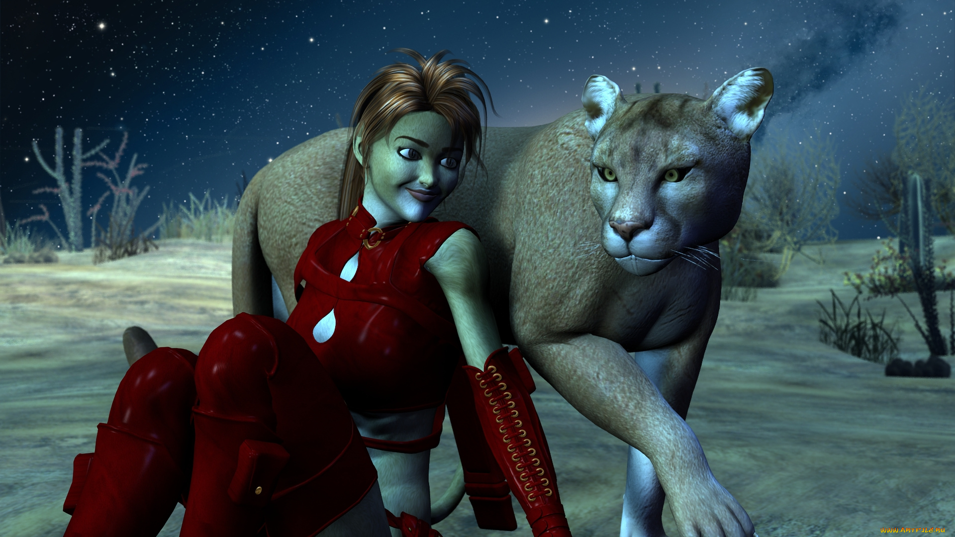 3д, графика, fantasy, , фантазия, пума, девушка, кошка