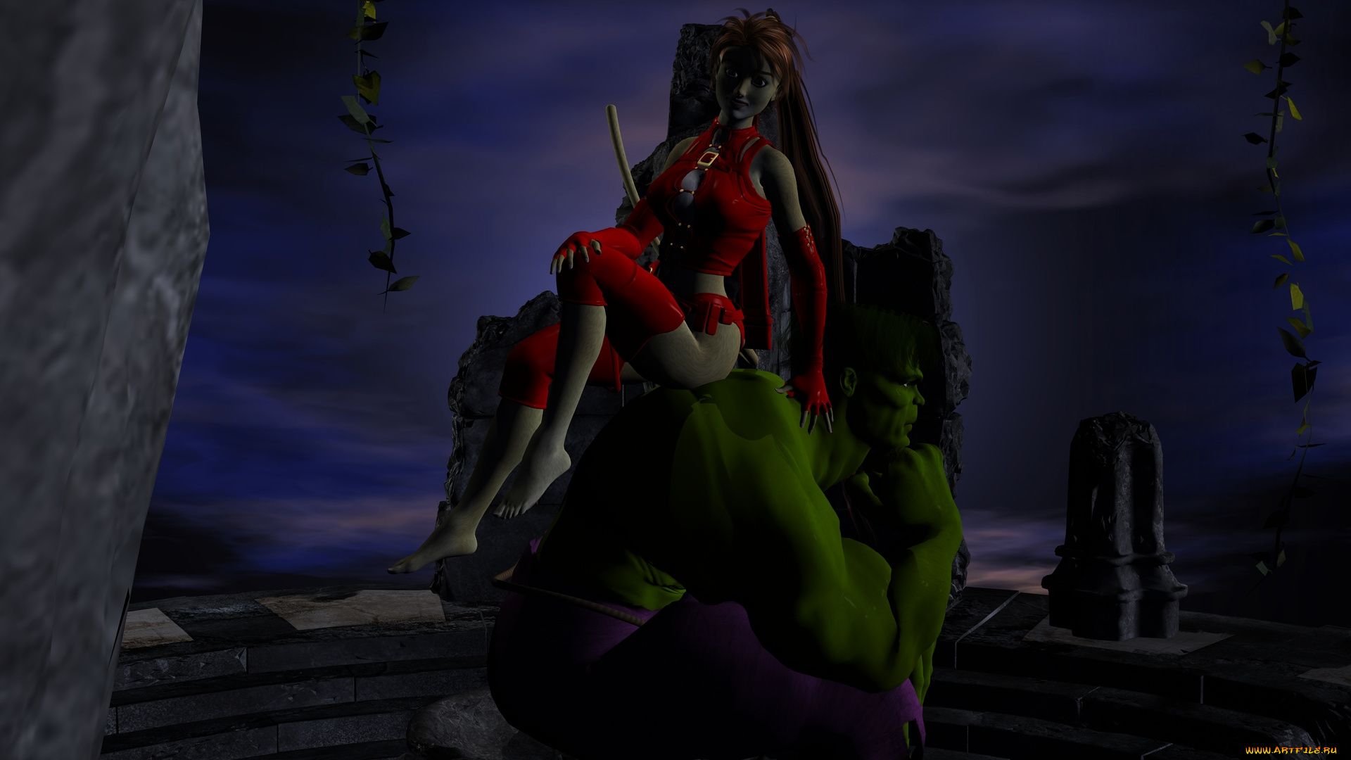 3д, графика, fantasy, , фантазия, существо, ночь, девушка, кошка