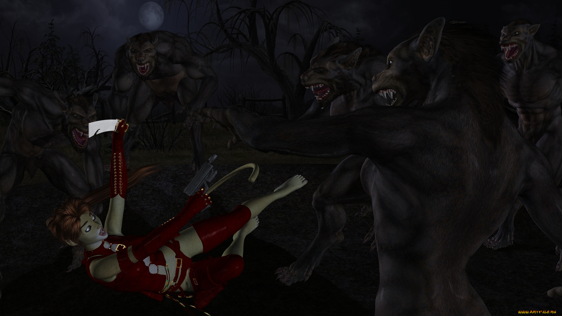 3д, графика, fantasy, , фантазия, волки, девушка, кошка, ночь, лес