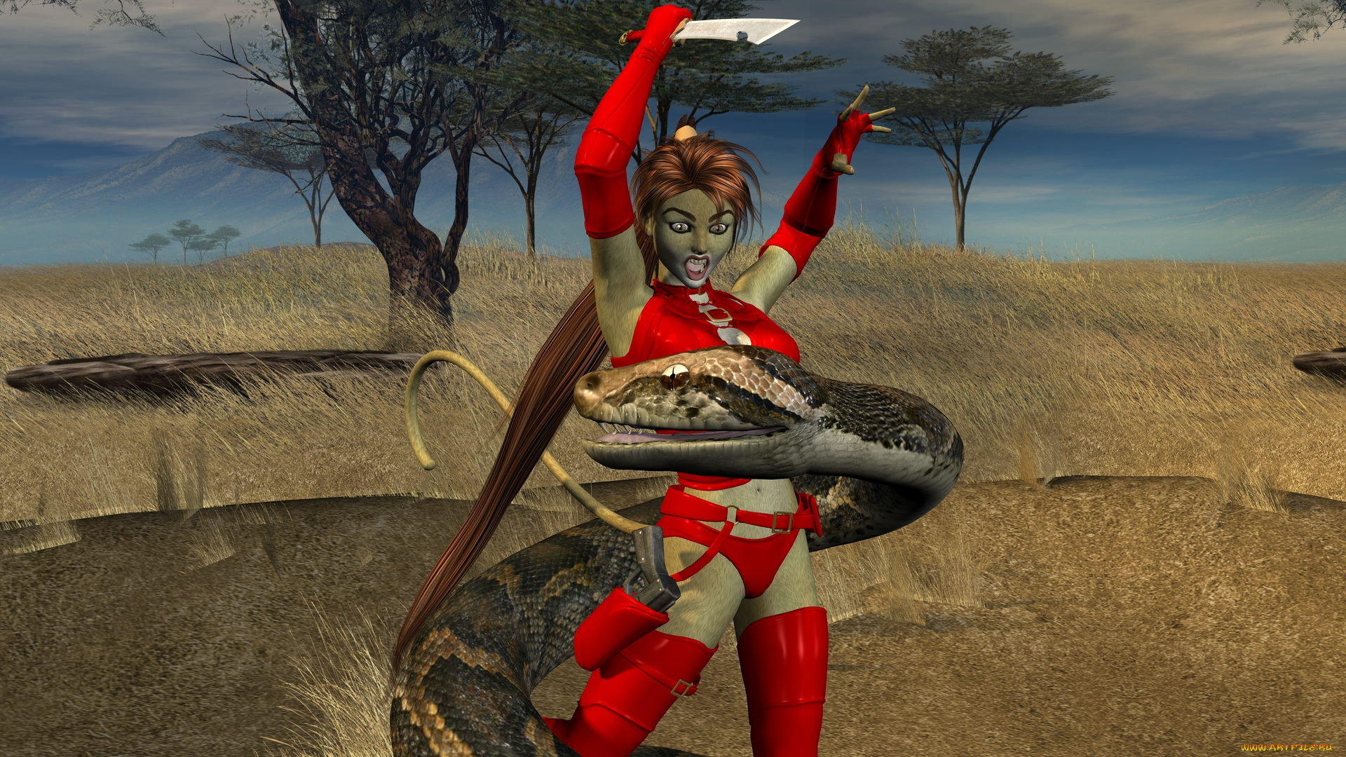3д, графика, fantasy, , фантазия, змея, нож, девушка, кошка