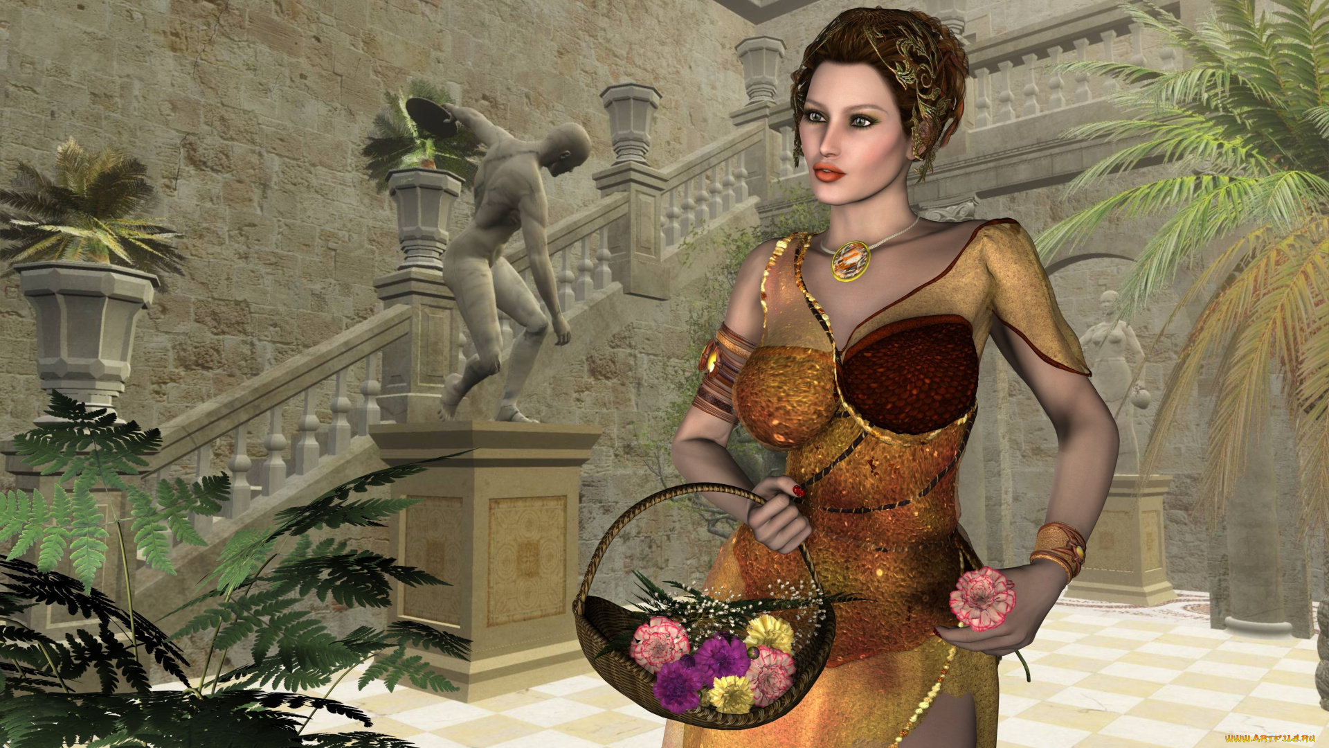 3д, графика, people, , люди, лесница, цветы, корзина, девушка