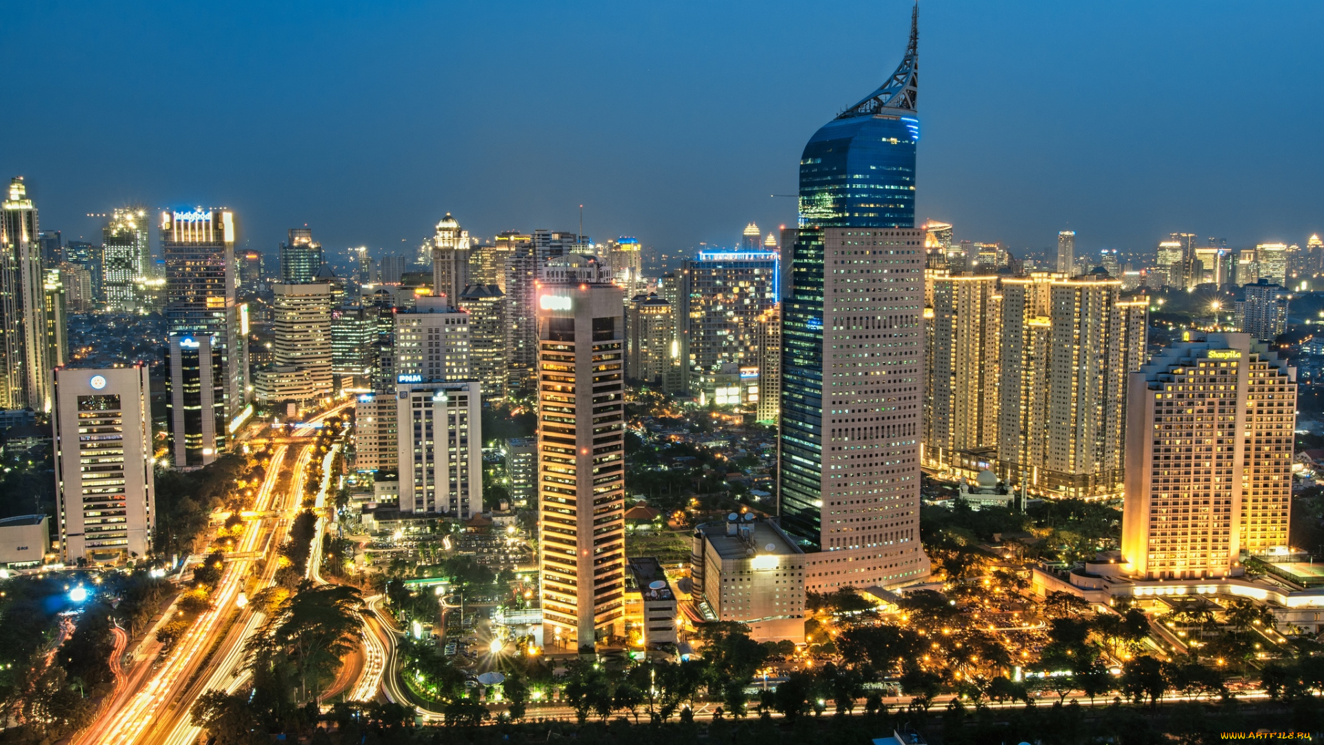джаккарта, , индонезия, города, -, столицы, государств, небоскребы, ночь, панорама