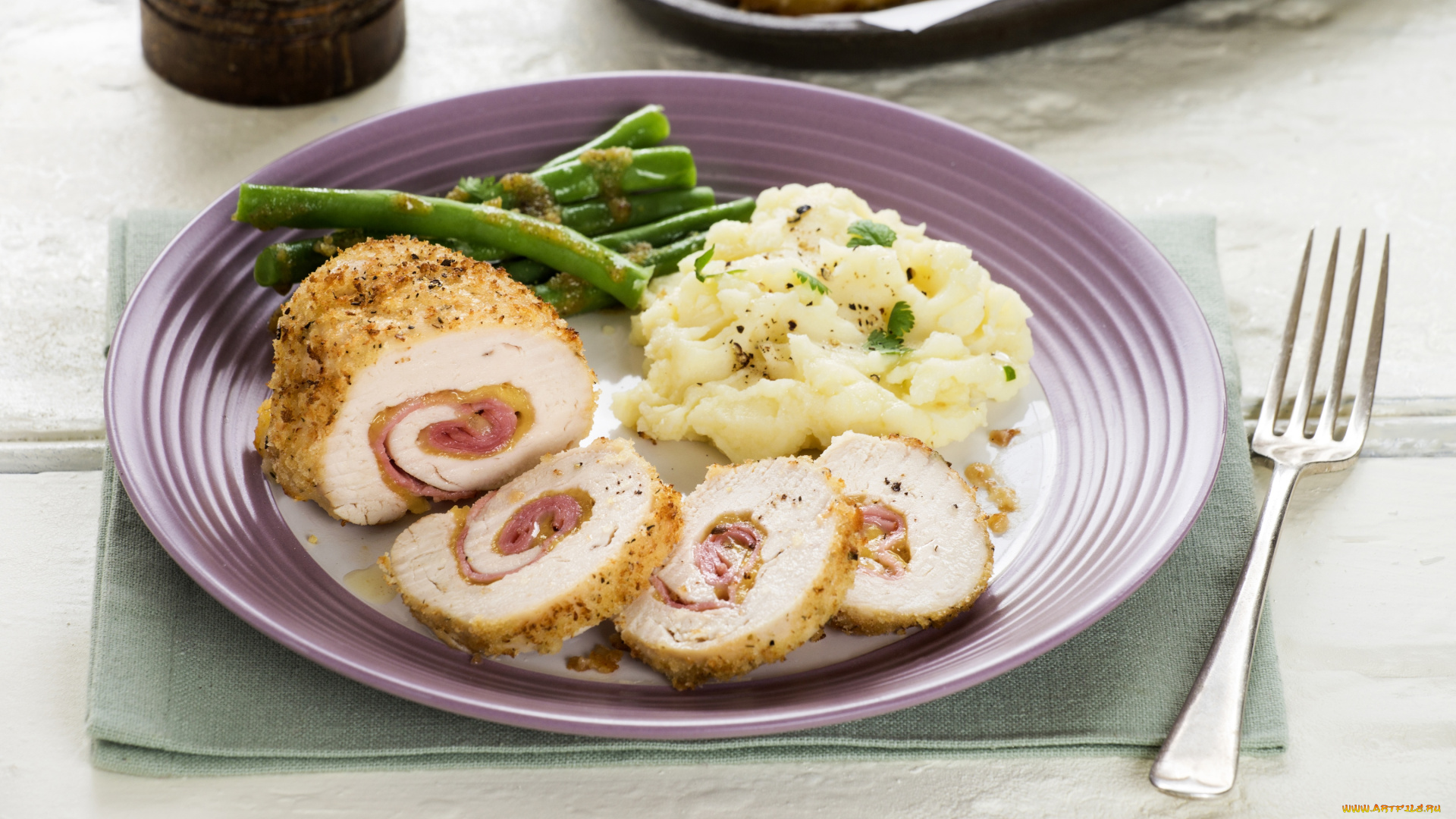 еда, разное, мясной, рулет, спаржа, пюре