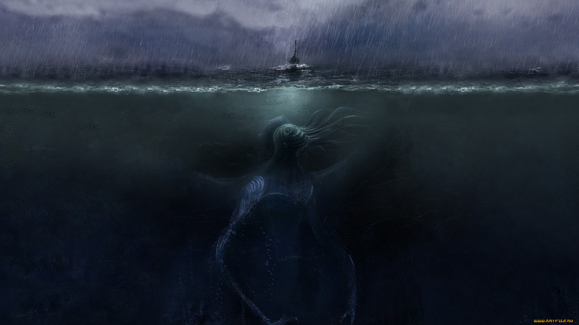 фэнтези, существа, ктулху, море, чудовище, монстр, ливень, корабль, глубина